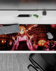 Anime desk pad 36x16 inches featuring Asuna from Sword Art Online, with sakura blossoms and lantern-lit rooftops.
