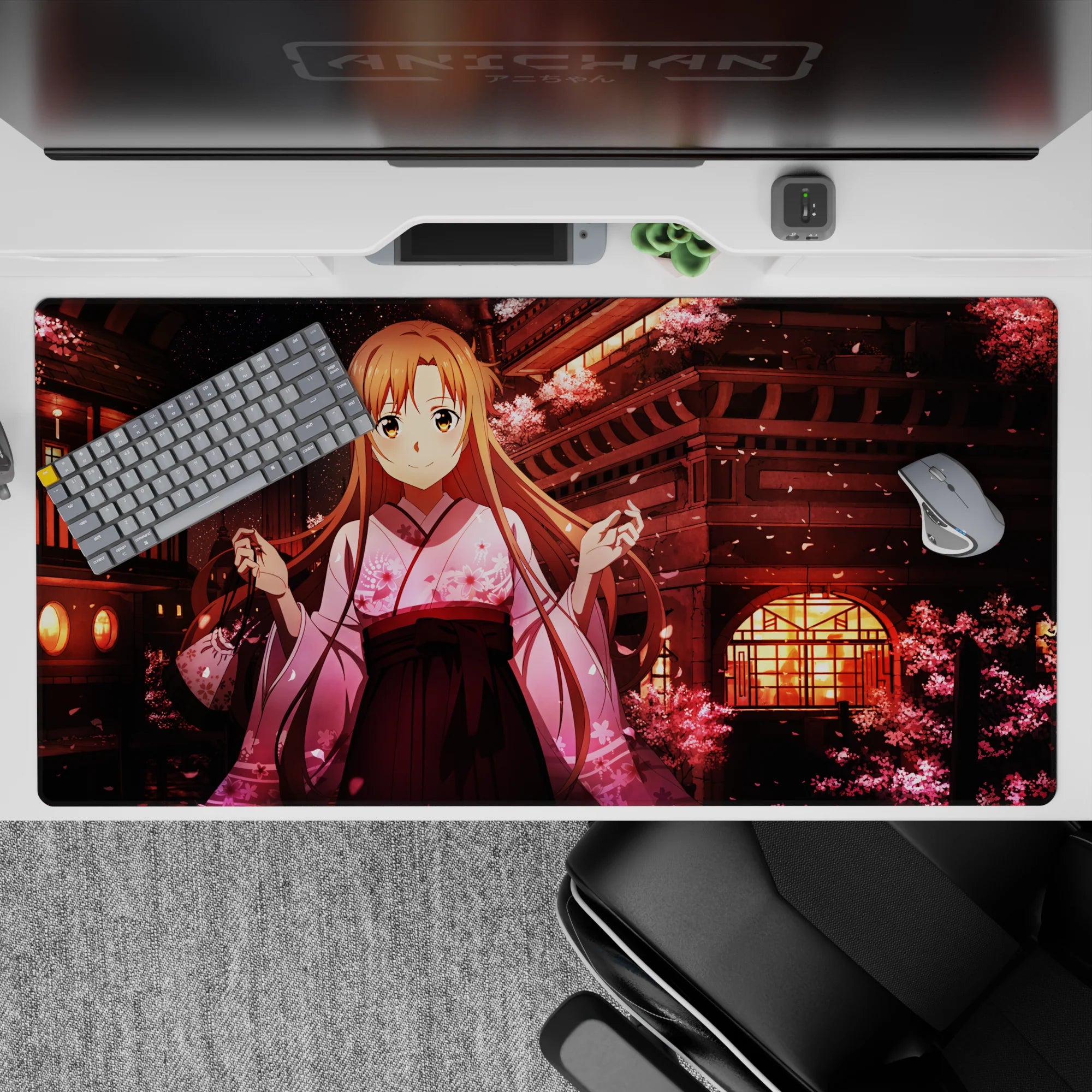 Anime desk pad 40x20 inches featuring Asuna from Sword Art Online under sakura blossoms and lantern lights, exuding serenity.