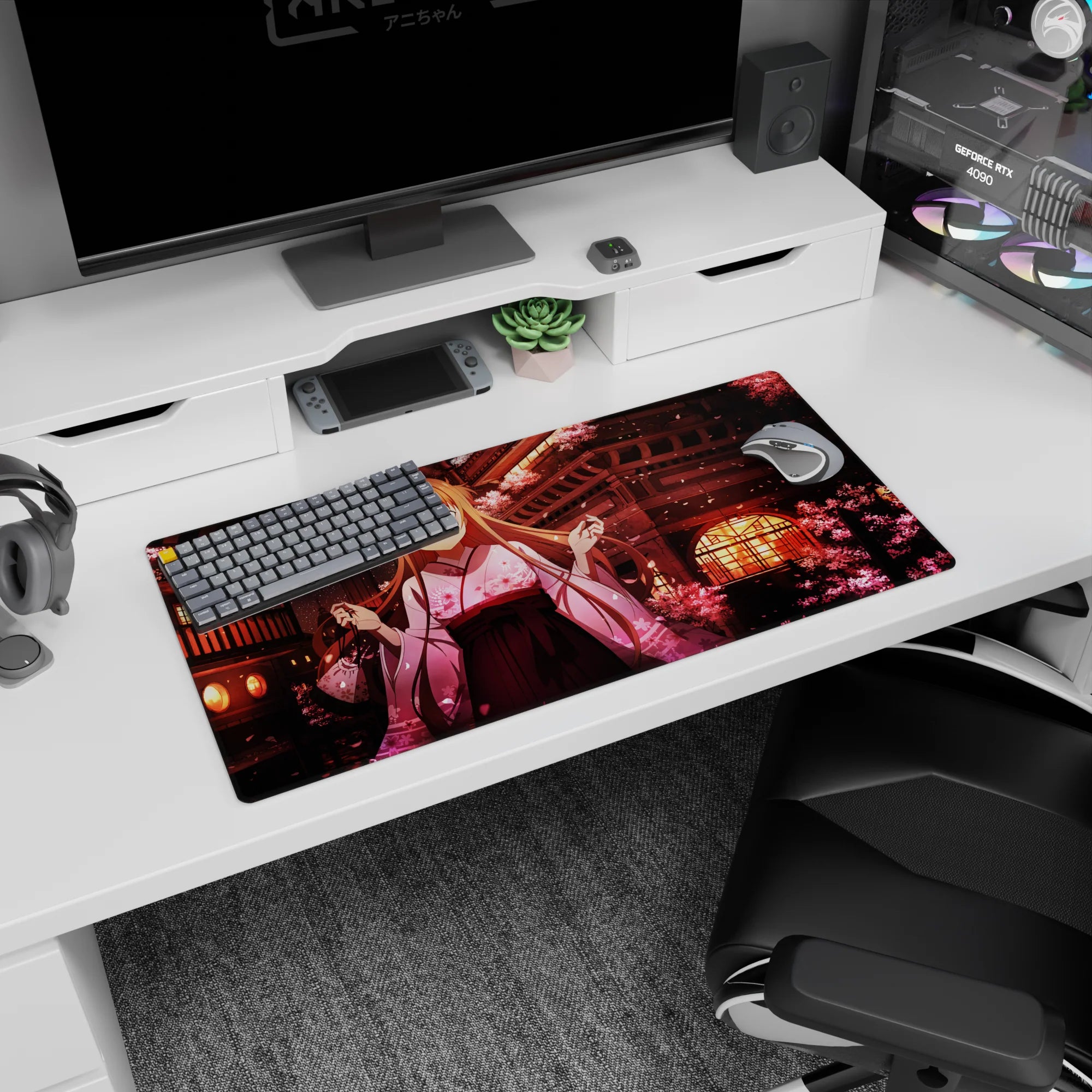 Asuna anime mouse pad 32x16 inches, featuring her in a kimono with sakura and lanterns, offering peaceful vibes.