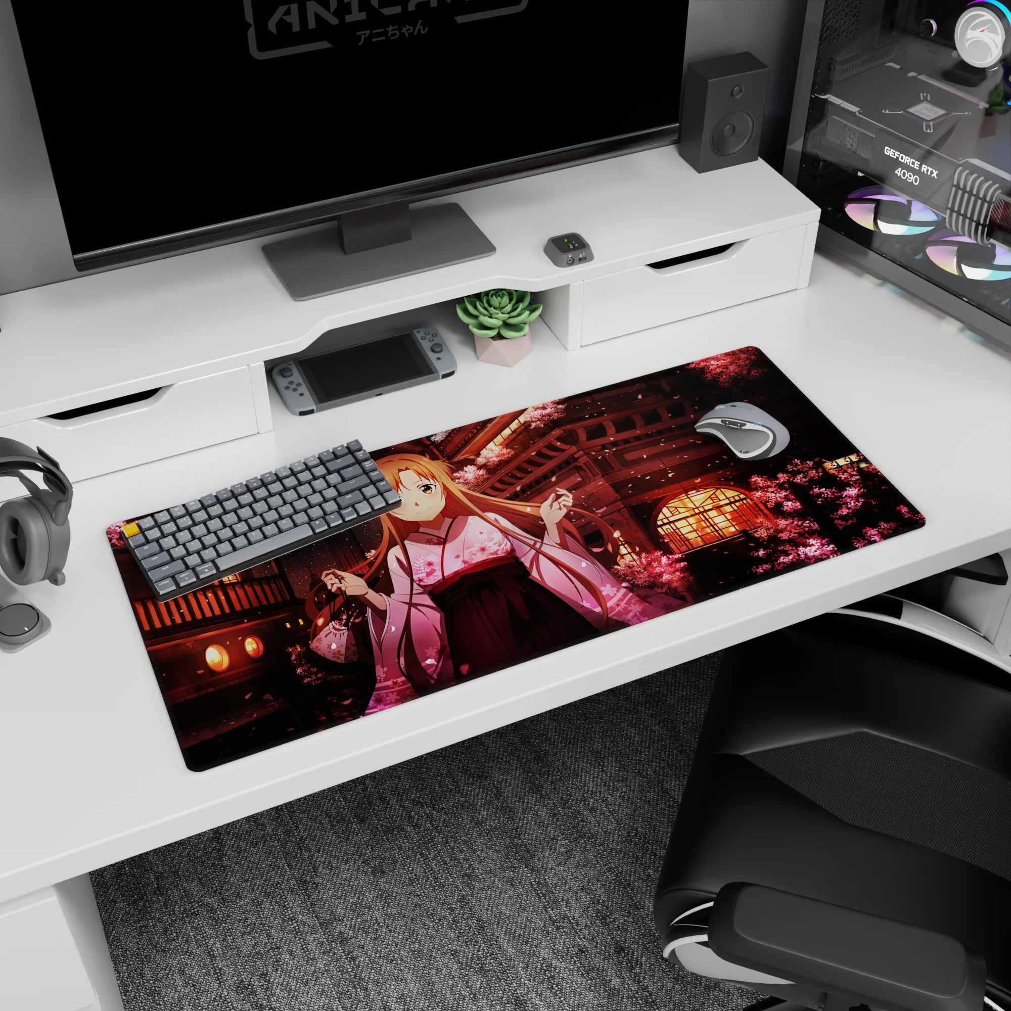Anime desk pad 36x16 inches featuring Asuna from Sword Art Online under sakura blossoms with lantern-lit rooftops.