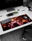 Anime desk pad 36x16 inches featuring Asuna from Sword Art Online under sakura blossoms with lantern-lit rooftops.
