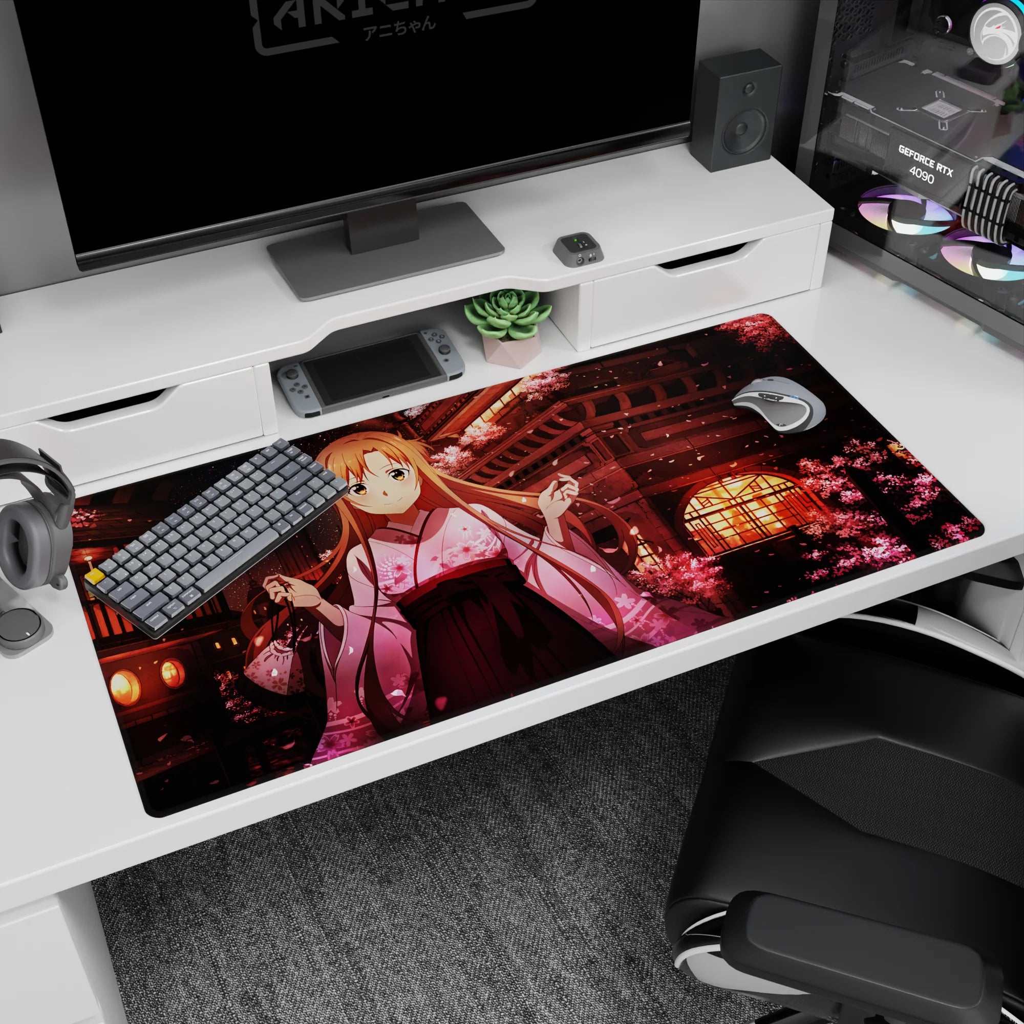 Asuna anime desk pad 40x20 inches with sakura blossoms and lantern-lit rooftops, capturing a soft spring evening.