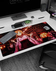 Asuna anime desk pad 40x20 inches with sakura blossoms and lantern-lit rooftops, capturing a soft spring evening.