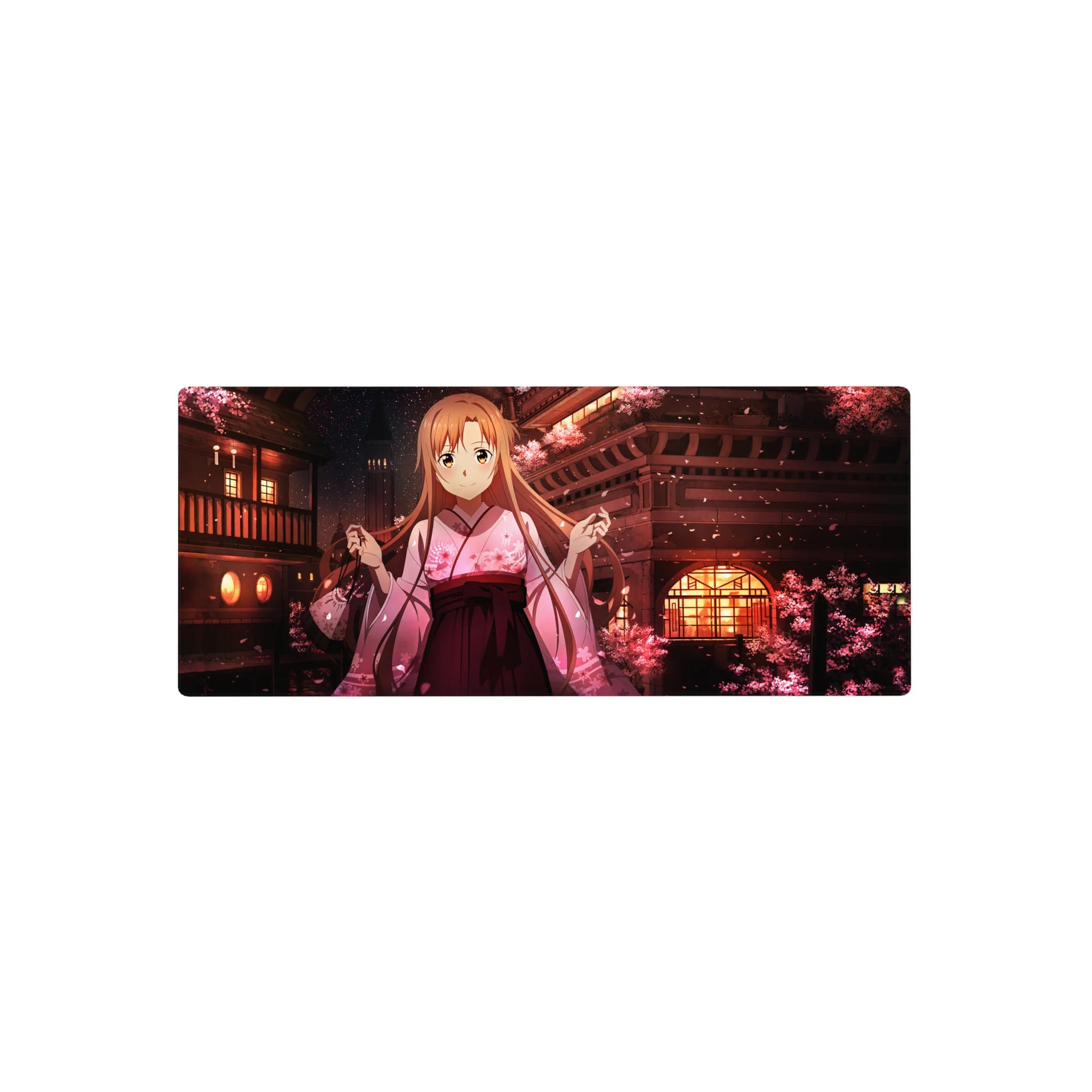 Anime mouse pad 28x12 inches featuring Asuna from Sword Art Online under sakura trees, with lantern-lit rooftops.