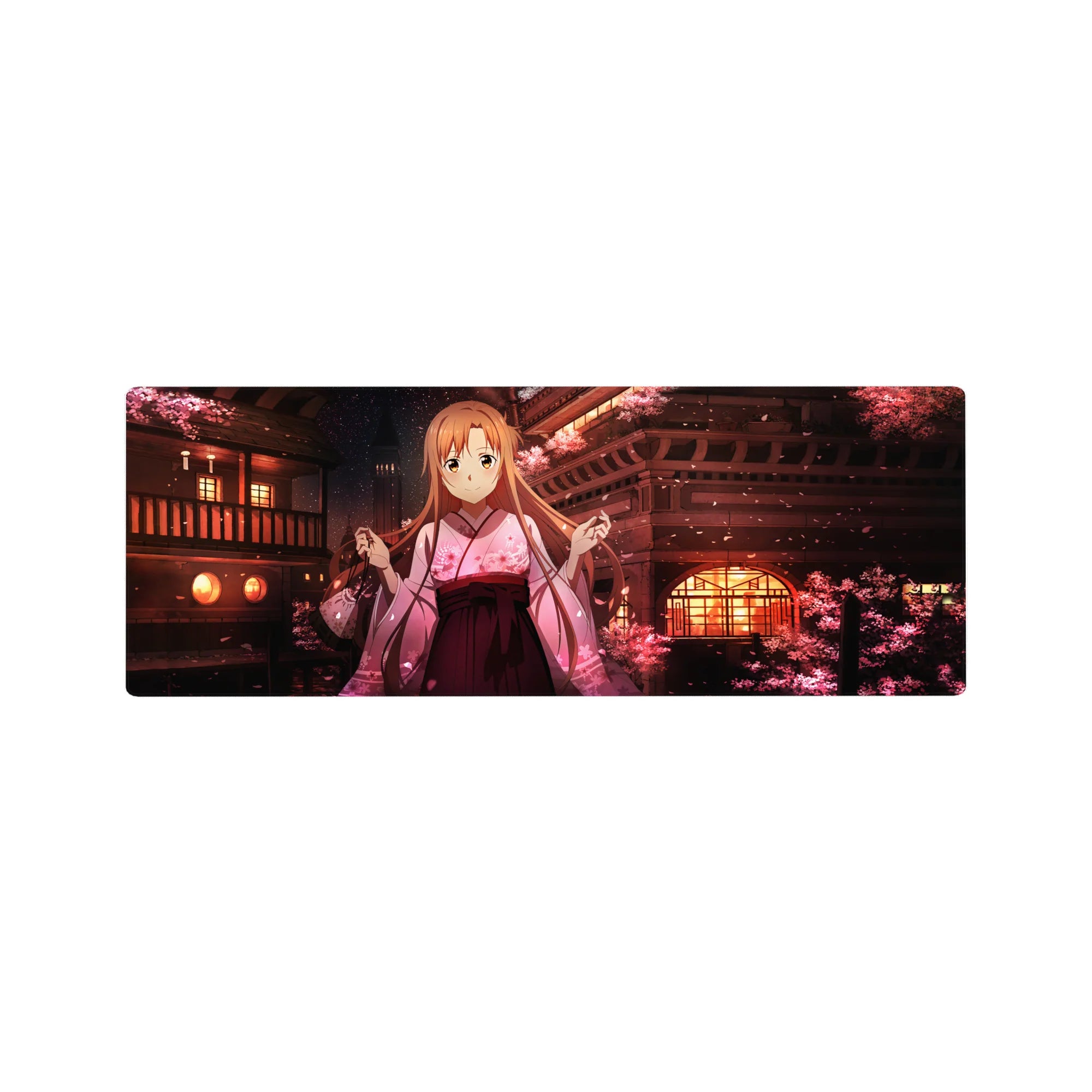 Asuna anime mouse pad, 32x12 inches, featuring her serene expression under sakura blossoms and lantern-lit rooftops.