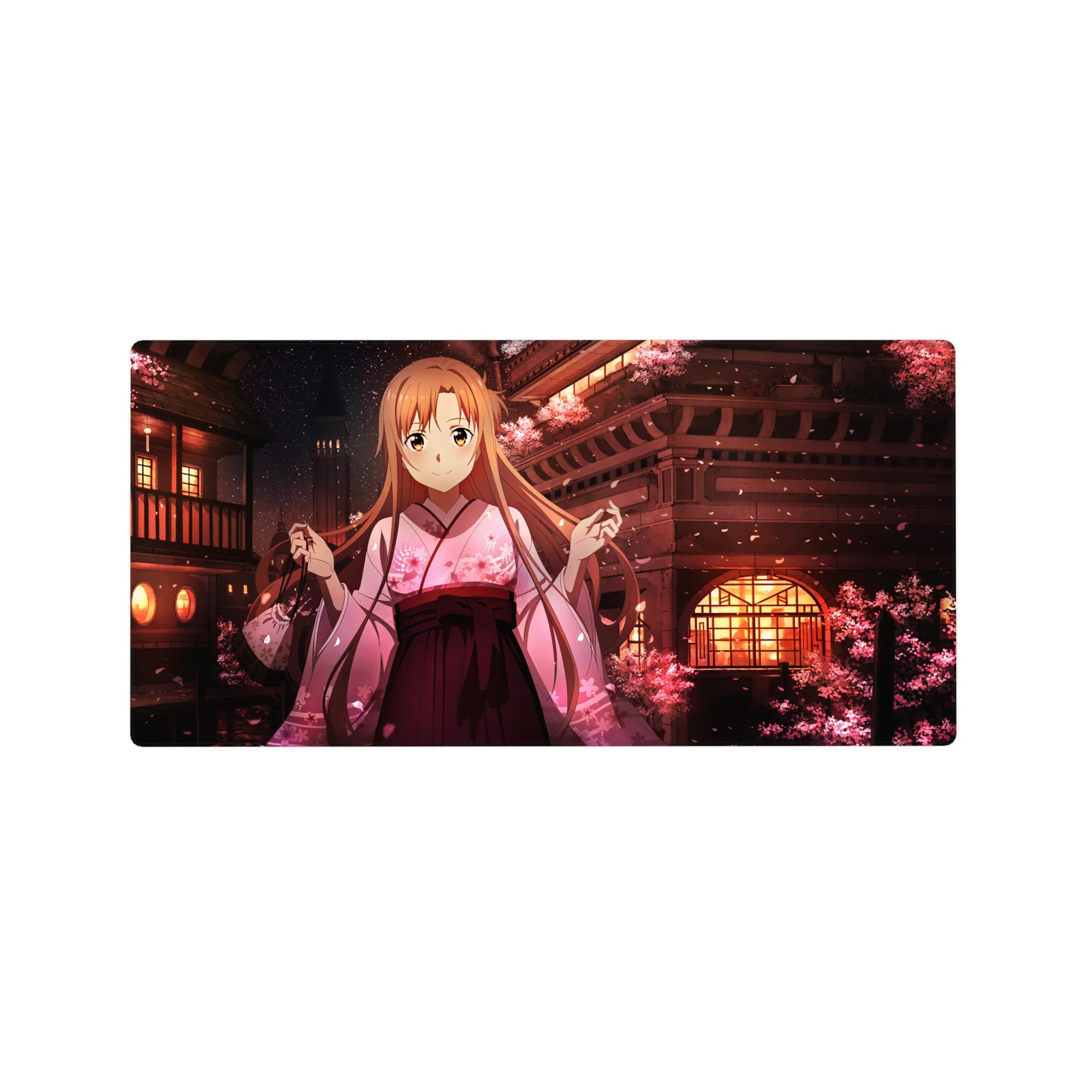 Asuna anime mouse pad, 32x16 inches, featuring blooming sakura, lantern-lit rooftops, and gentle expression for peaceful vibes.