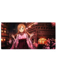 Asuna anime mouse pad, 32x16 inches, featuring blooming sakura, lantern-lit rooftops, and gentle expression for peaceful vibes.