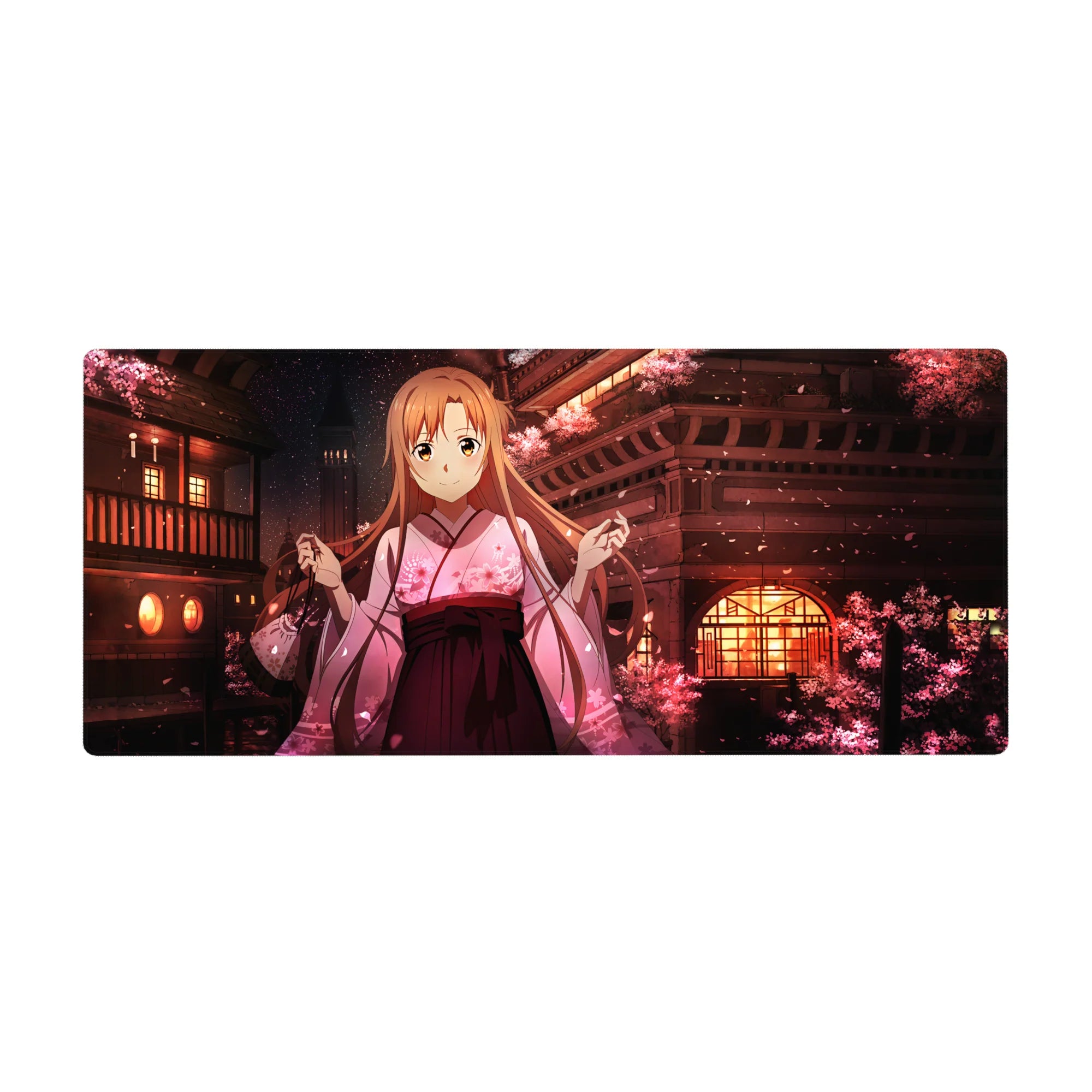 Anime desk pad 36x16 inches featuring Asuna from Sword Art Online, surrounded by sakura blossoms and lanterns.