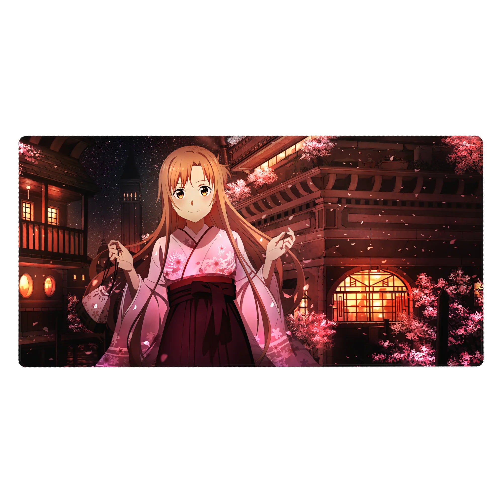 Anime desk pad 40x20 inches featuring Asuna from Sword Art Online with sakura blossoms and lantern-lit rooftops.