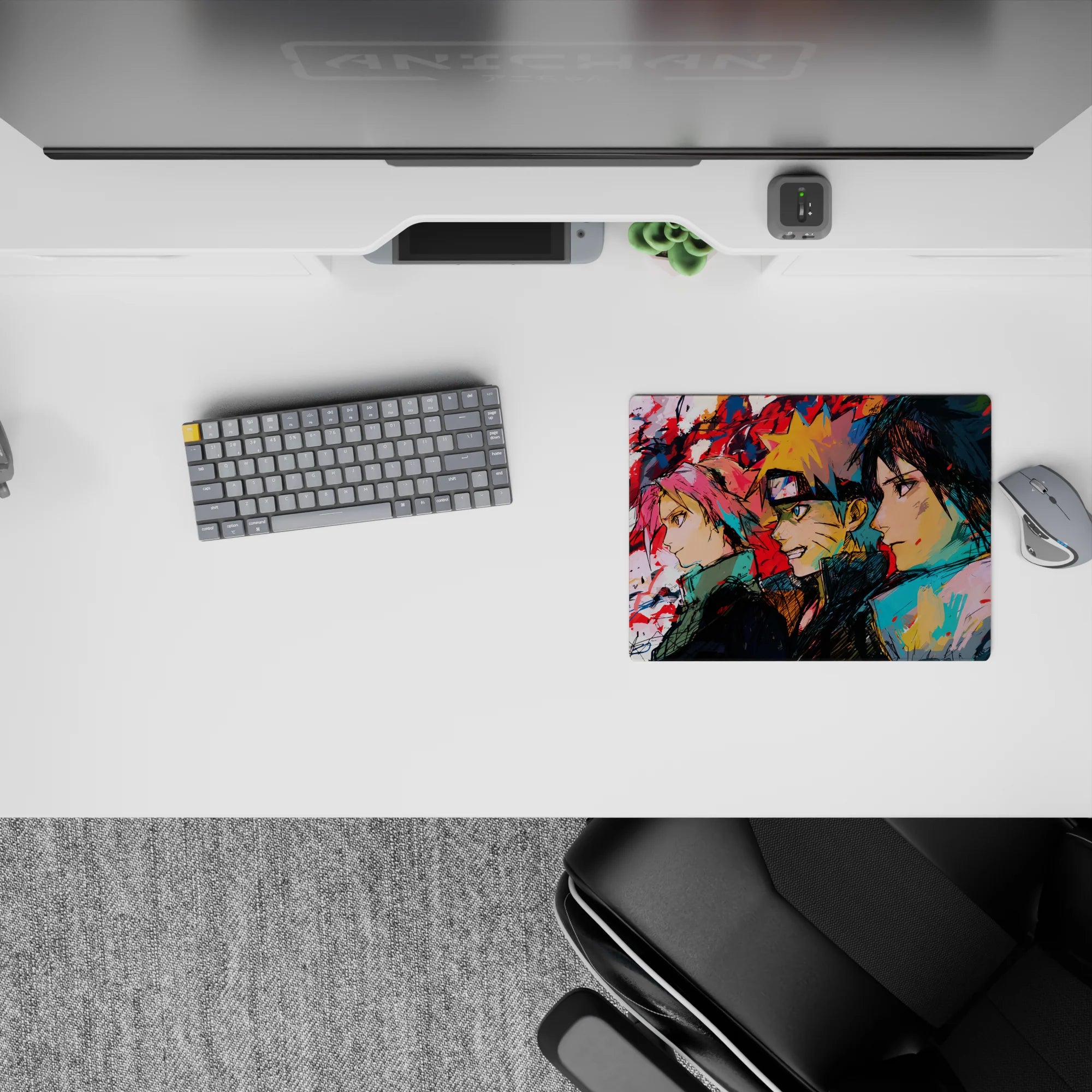 Anime mouse pad featuring Team 7—Sakura, Naruto, Sasuke—in bold sketch-art style, size 14x10 inches. Perfect for fans.