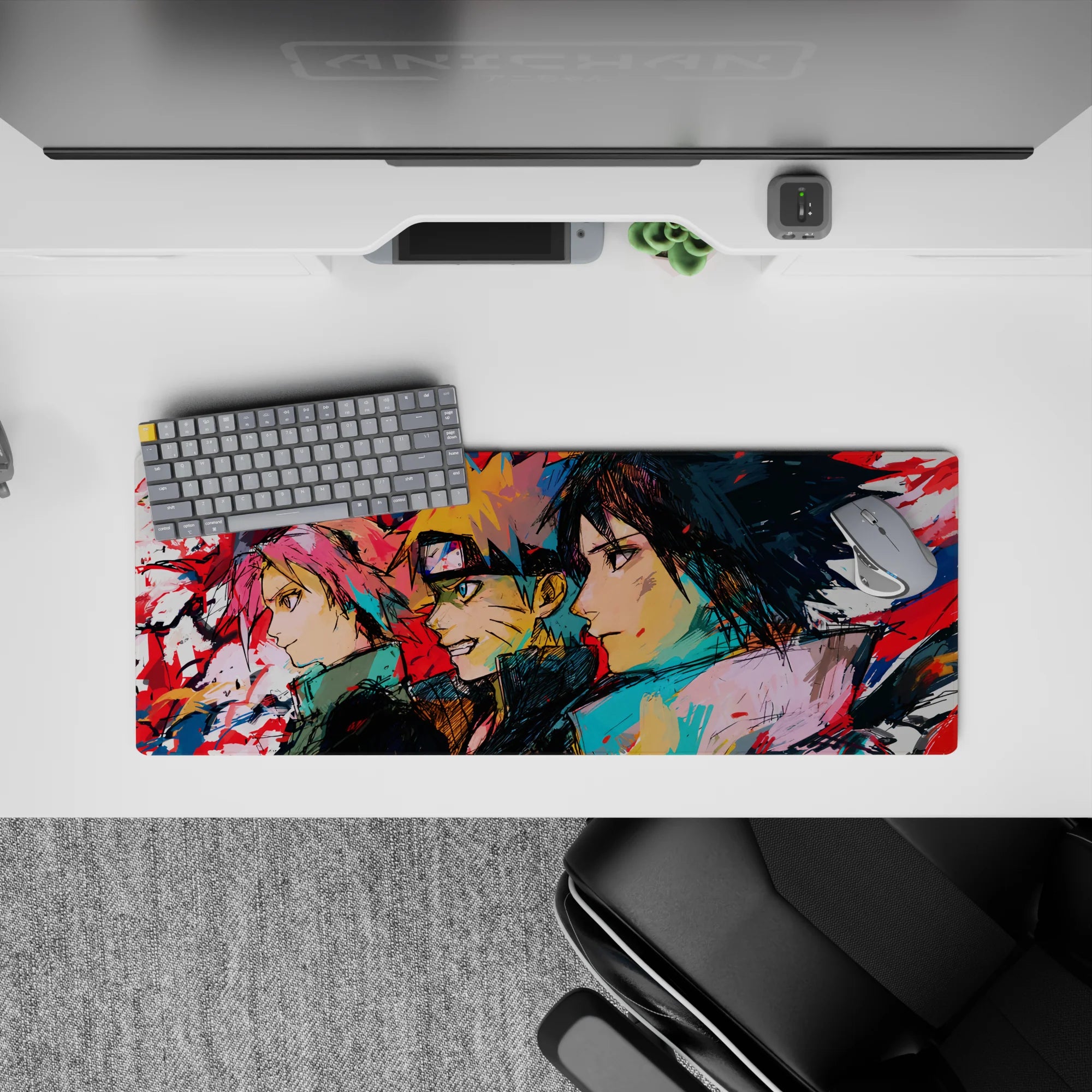Anime mouse pad 32x12 inches featuring Team 7—Sakura, Naruto, Sasuke—in dynamic sketch-art style, vibrant and bold.