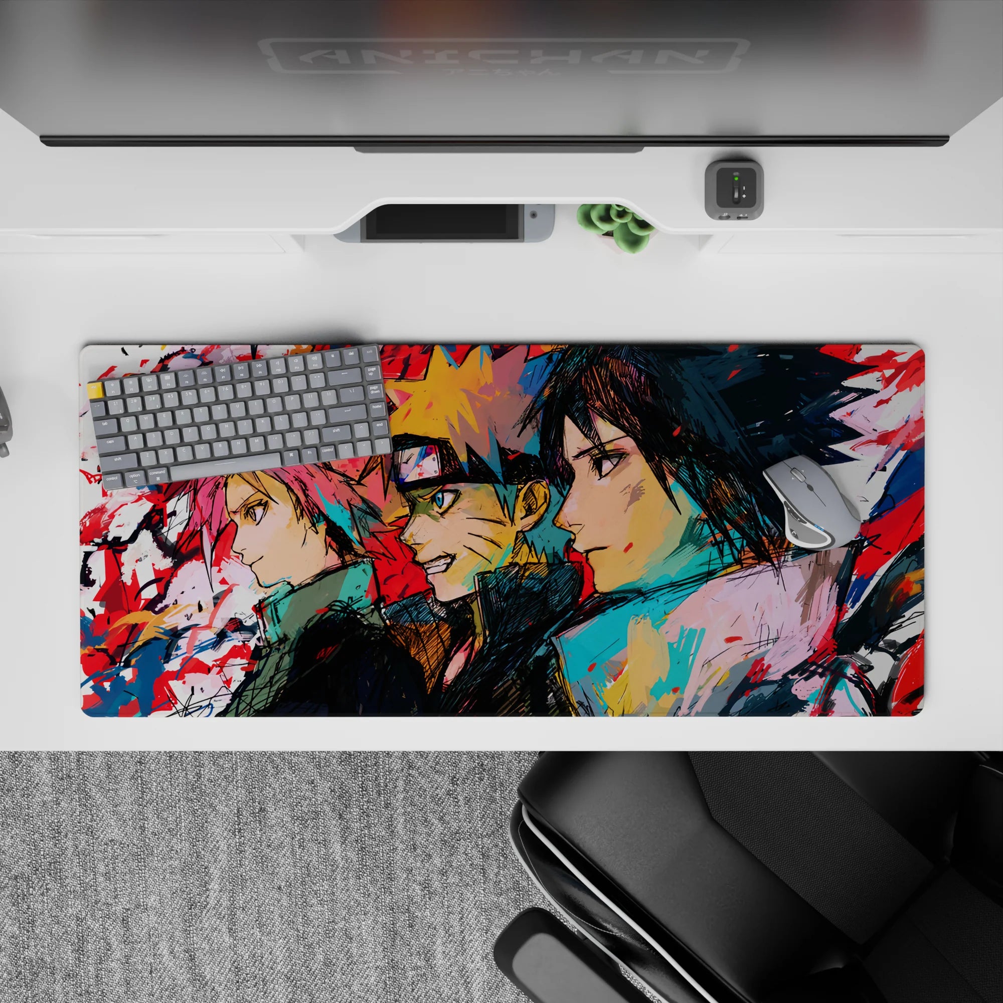Anime mouse pad 36x16 inches featuring Team 7—Sakura, Naruto, and Sasuke—in dynamic, colorful sketch-art style.