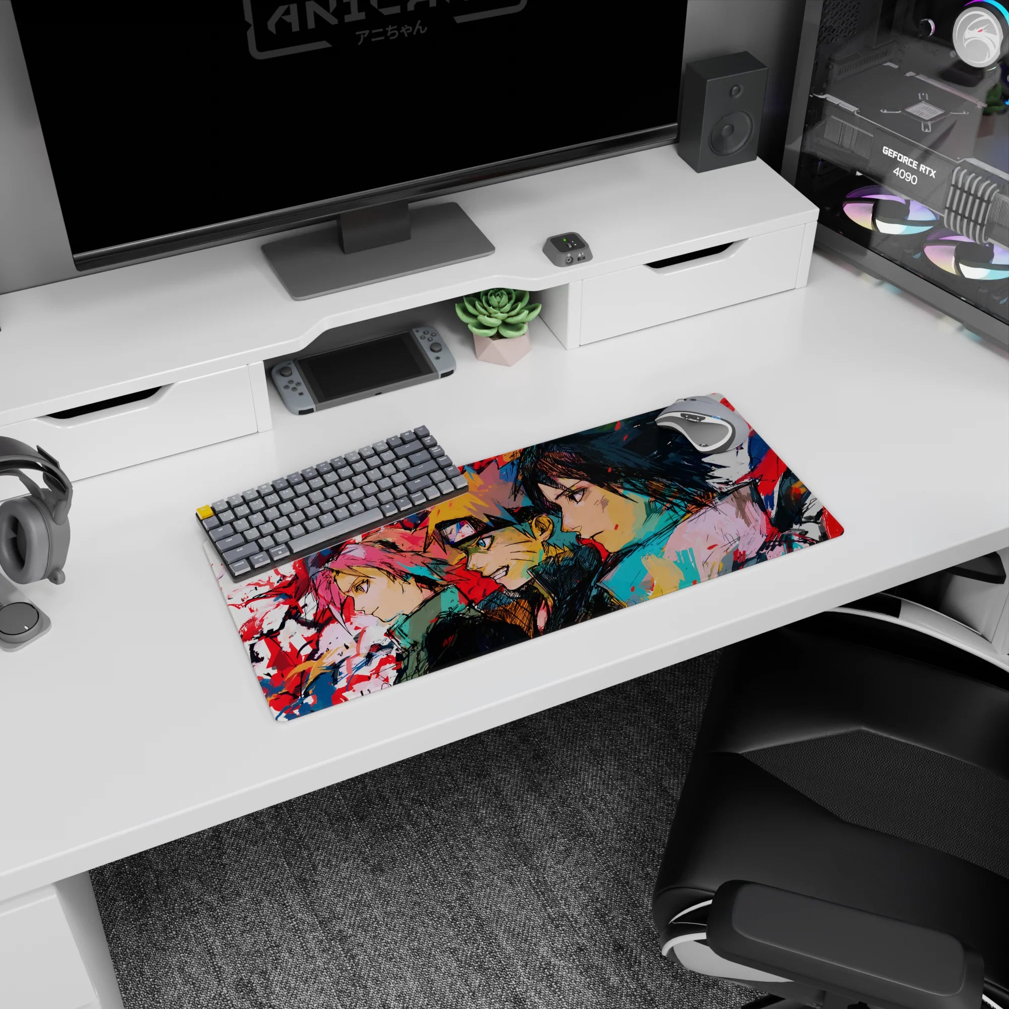 Anime mouse pad featuring Team 7 characters—Naruto, Sakura, and Sasuke—in dynamic sketch style, size 28x12 inches.