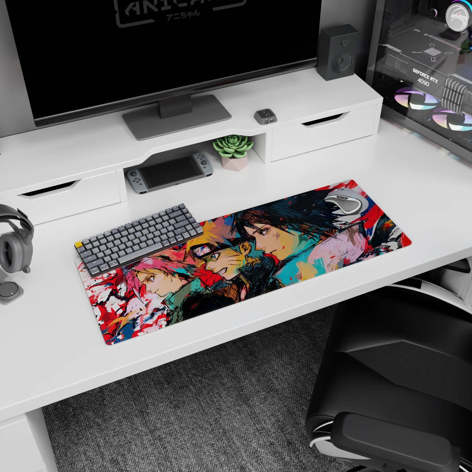 Anime mouse pad 32x12 inches featuring Team 7—Sakura, Naruto, and Sasuke—in dynamic sketch-art with vivid colors.