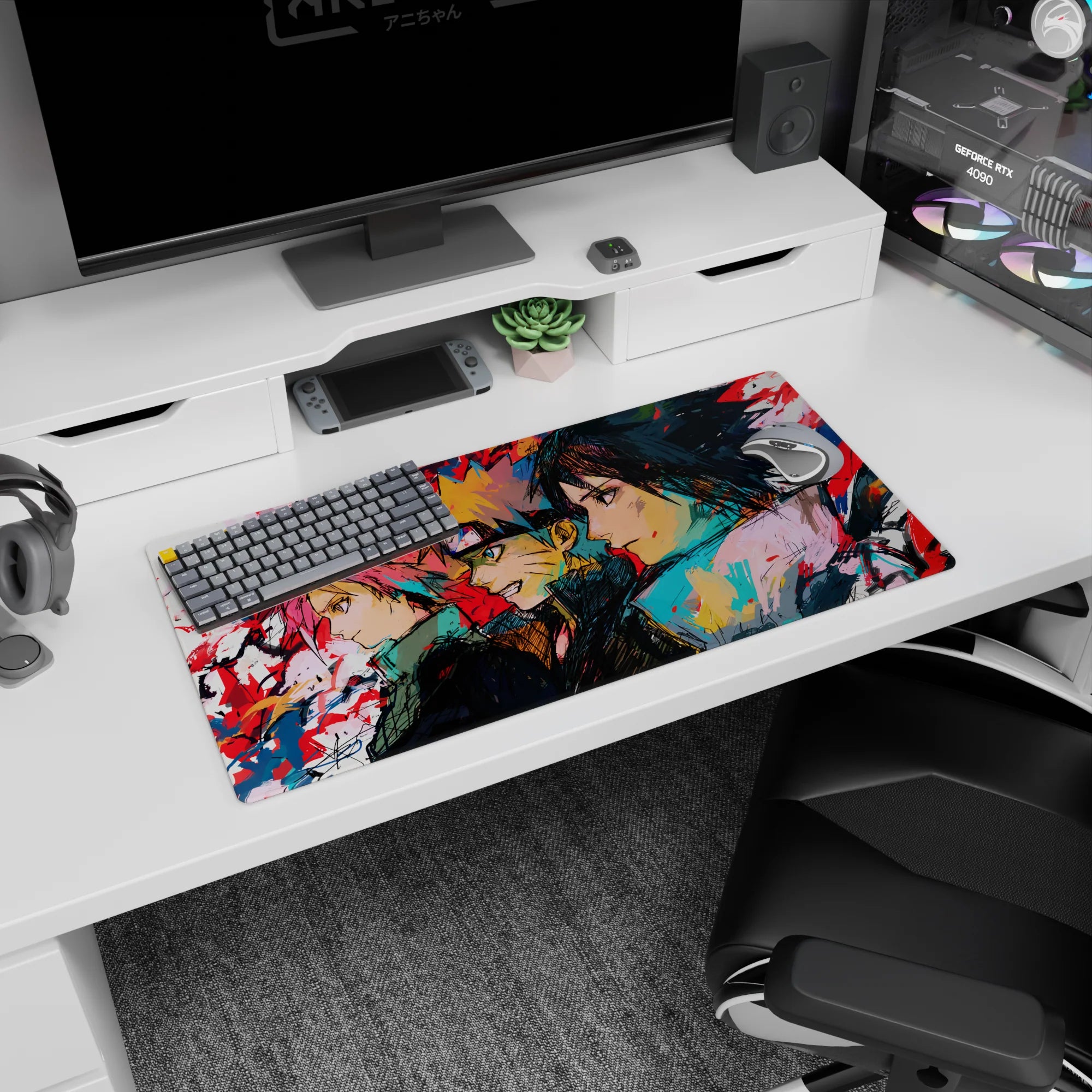 Anime mouse pad 32x16 inches featuring Team 7—Sakura, Naruto, and Sasuke—in a dynamic sketch-art style with vivid colors.
