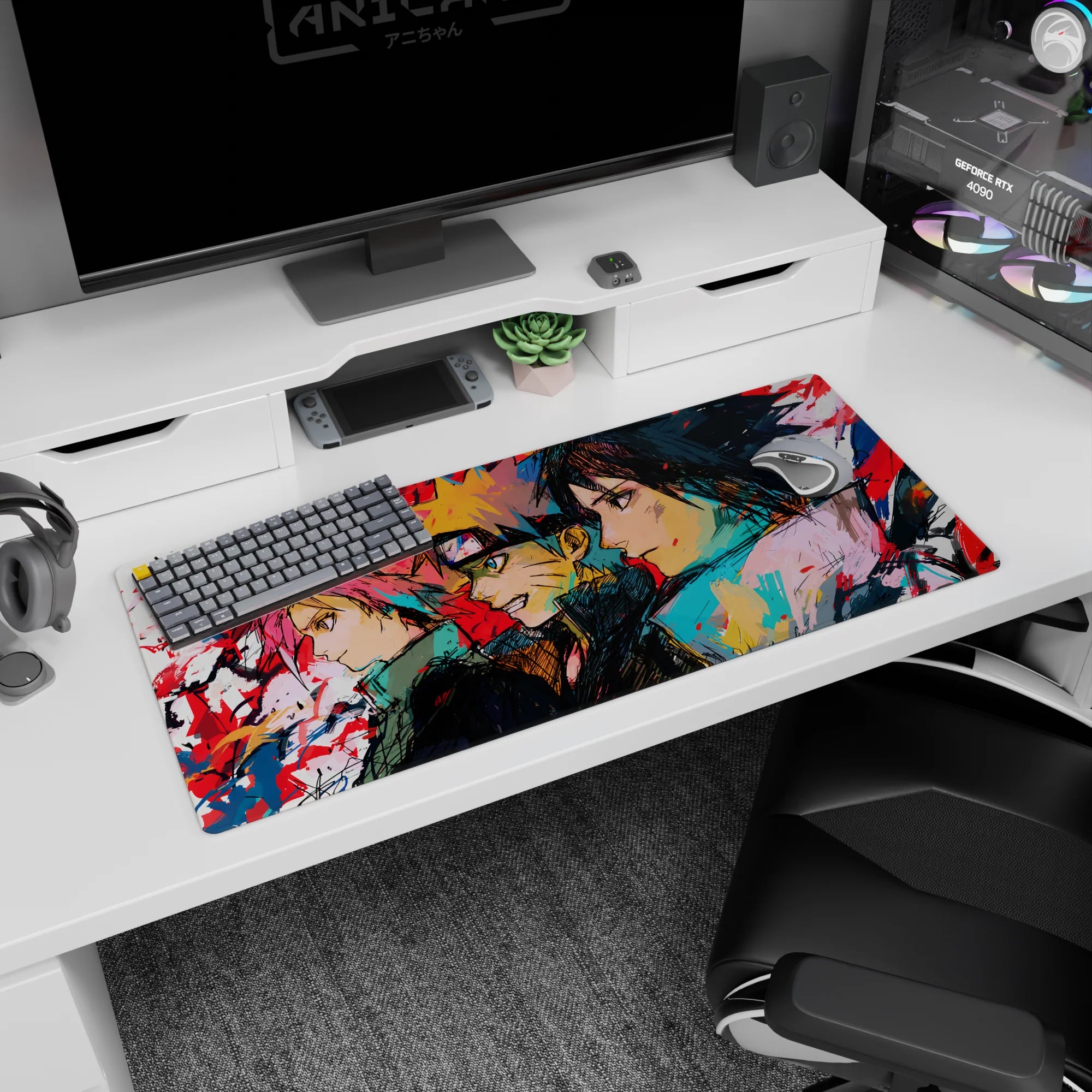 Anime desk pad 36x16 inches featuring Team 7—Sakura, Naruto, Sasuke—in dynamic sketch-art style with vibrant colors.
