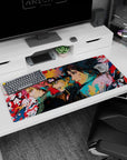 Anime desk pad 36x16 inches featuring Team 7—Sakura, Naruto, Sasuke—in dynamic sketch-art style with vibrant colors.