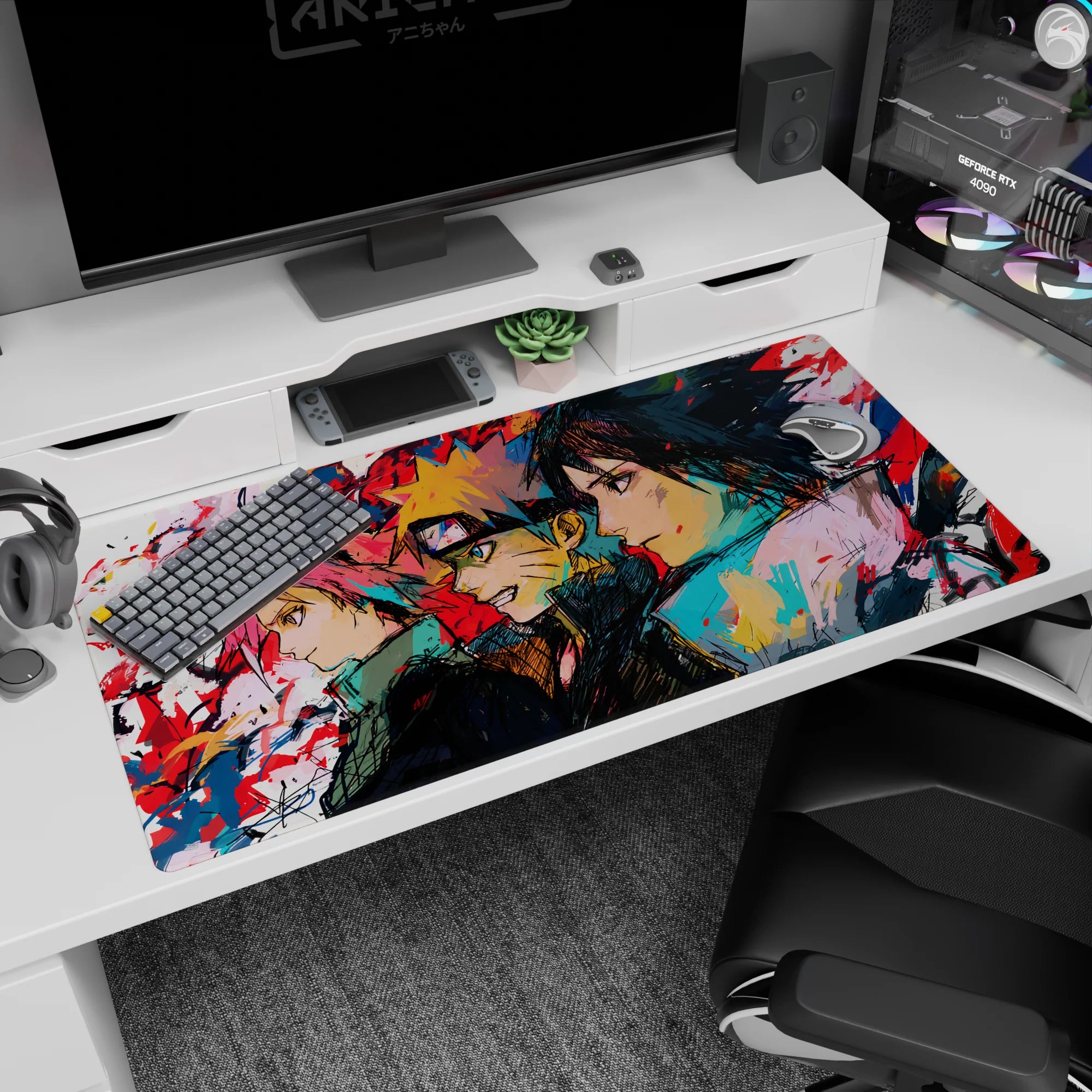 Anime mouse pad 40x20 inches featuring Team 7 from Naruto: Sakura, Naruto, and Sasuke in vivid sketch-art style.