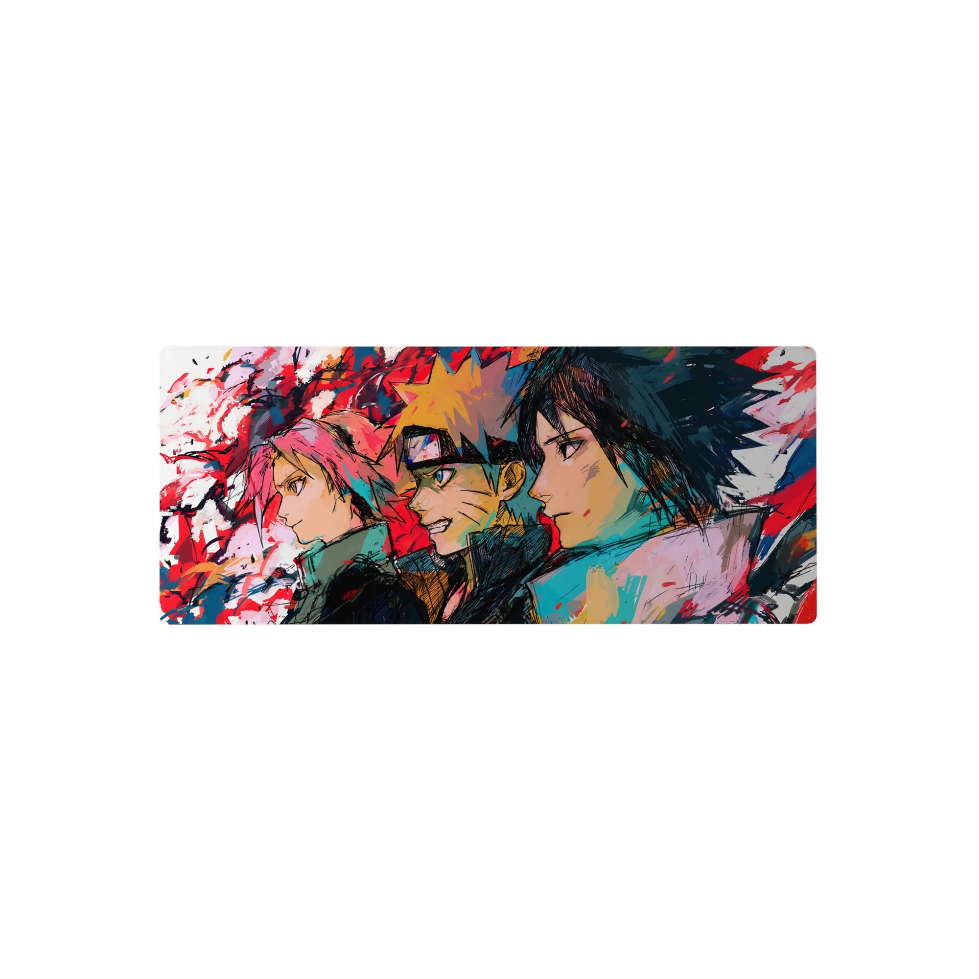 Anime mouse pad featuring Team 7—Sakura, Naruto, Sasuke—in bold sketch-art, 28x12 inches. Perfect for fans.