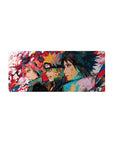 Anime mouse pad featuring Team 7—Sakura, Naruto, Sasuke—in bold sketch-art, 28x12 inches. Perfect for fans.