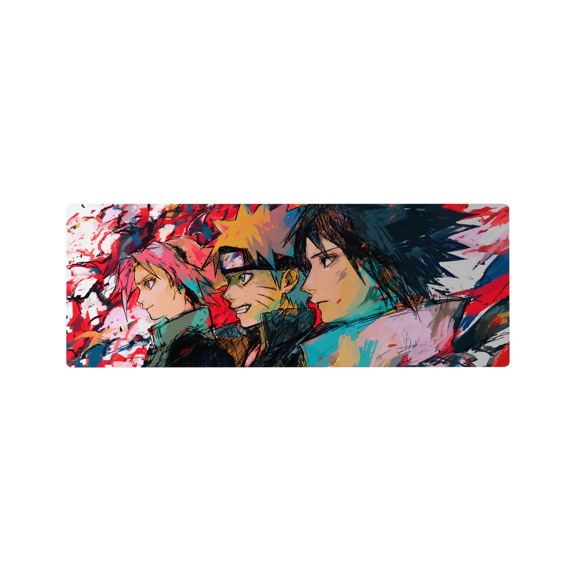 Anime mouse pad 32x12 inches featuring Team 7—Sakura, Naruto, and Sasuke—in dynamic sketch-art with vivid colors.