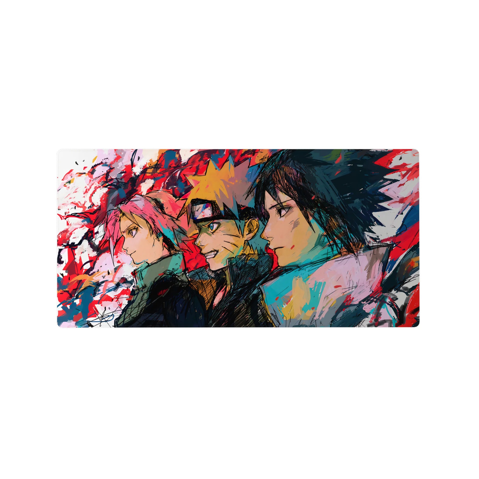 Anime mouse pad 32x16 inches featuring Naruto, Sakura, and Sasuke from Team 7 in dynamic sketch-art style.
