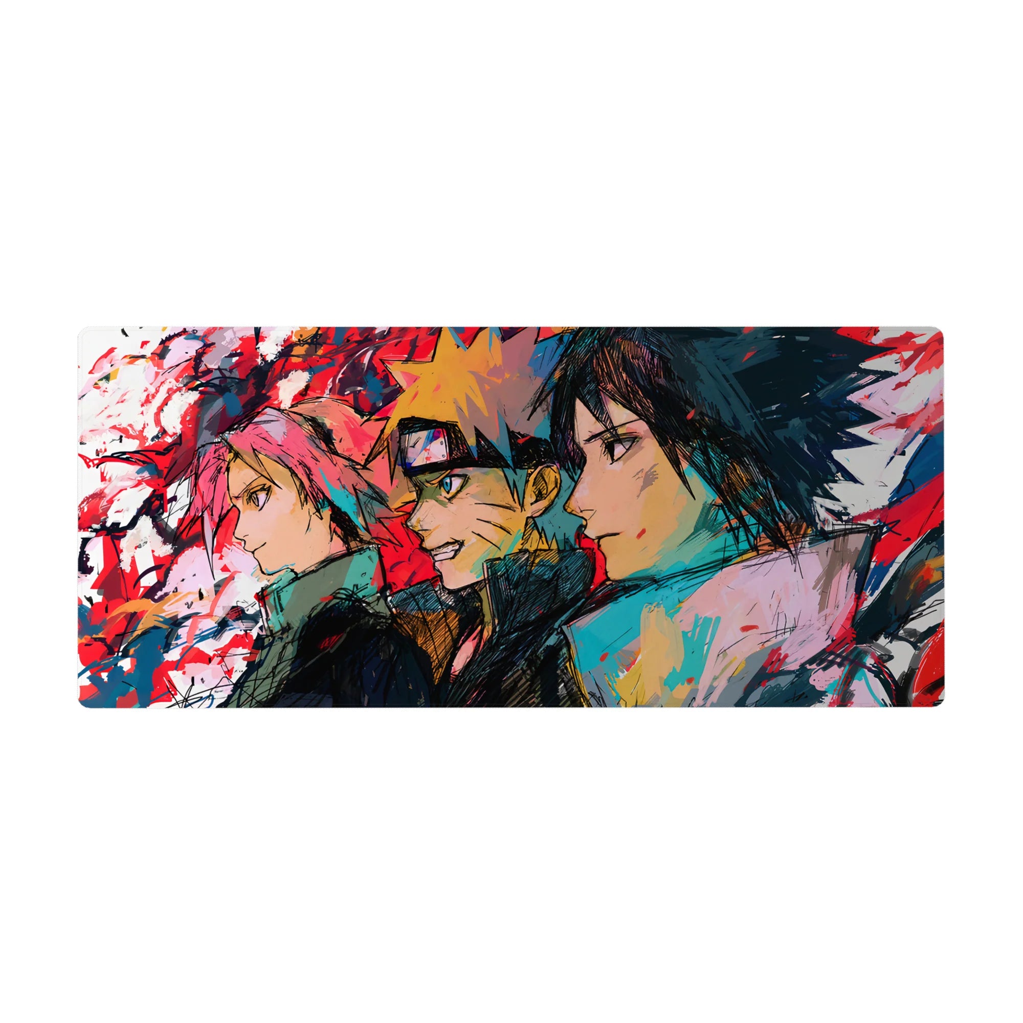 Anime mouse pad 36x16 inches featuring Team 7—Sakura, Naruto, Sasuke—in vibrant sketch-art style, capturing Naruto's energy.
