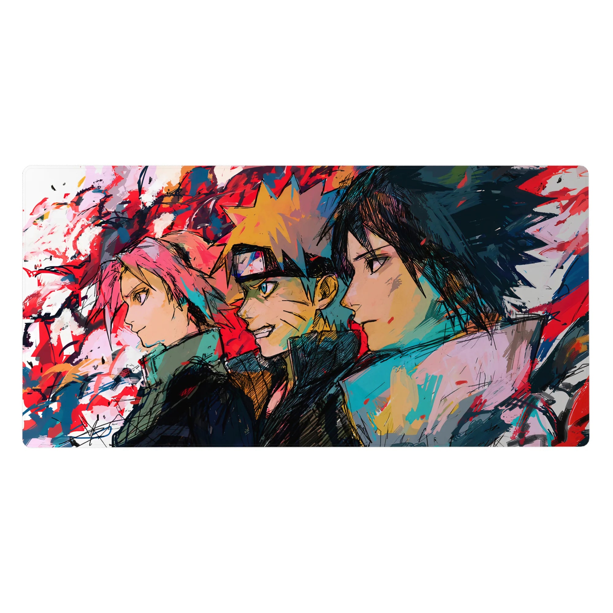 Anime mouse pad 40x20 inches featuring Team 7—Sakura, Naruto, Sasuke—in bold sketch-art style with vibrant colors.