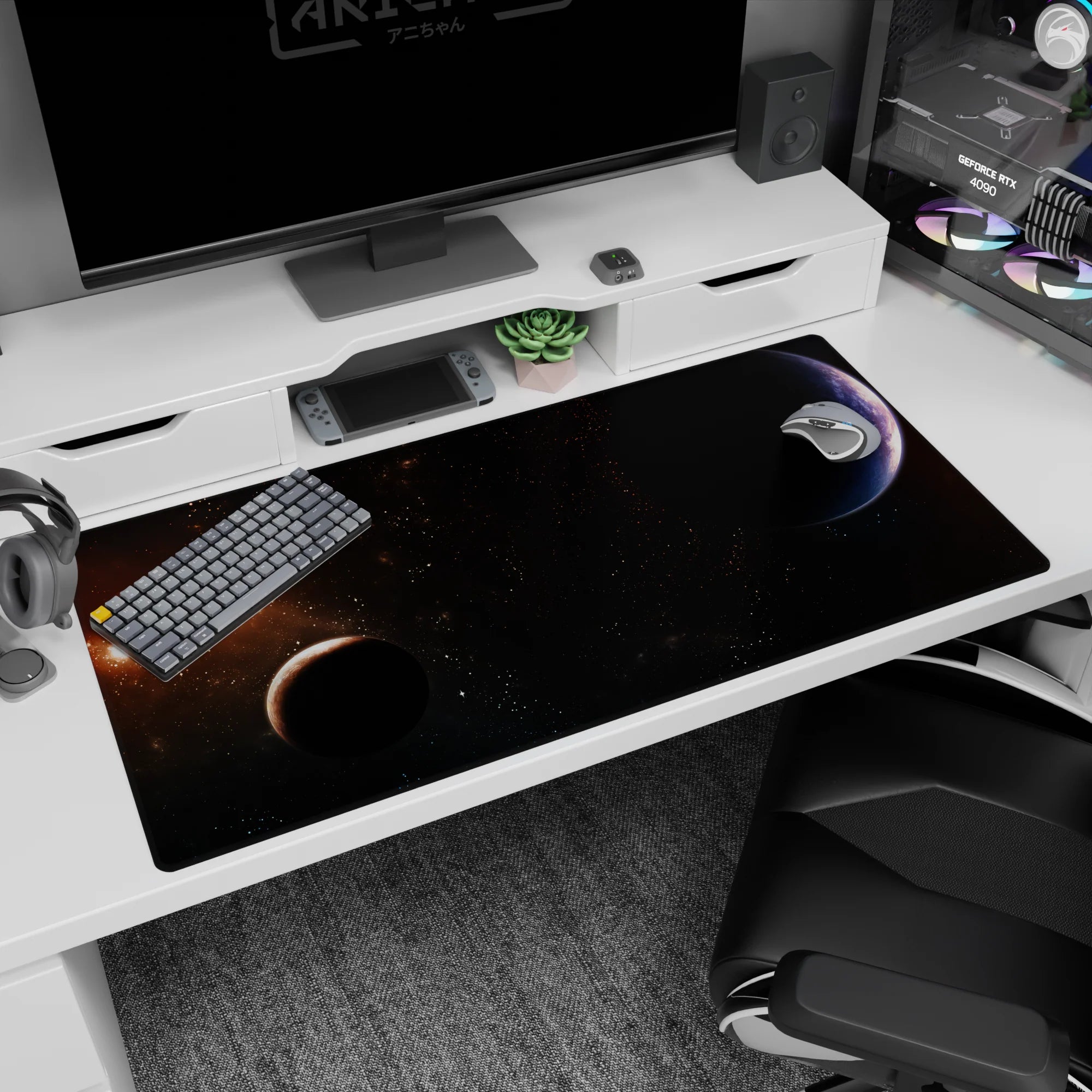 Deep blue planet glow scene desk pad 40x20 inches with floating orbs and star-speckled space.