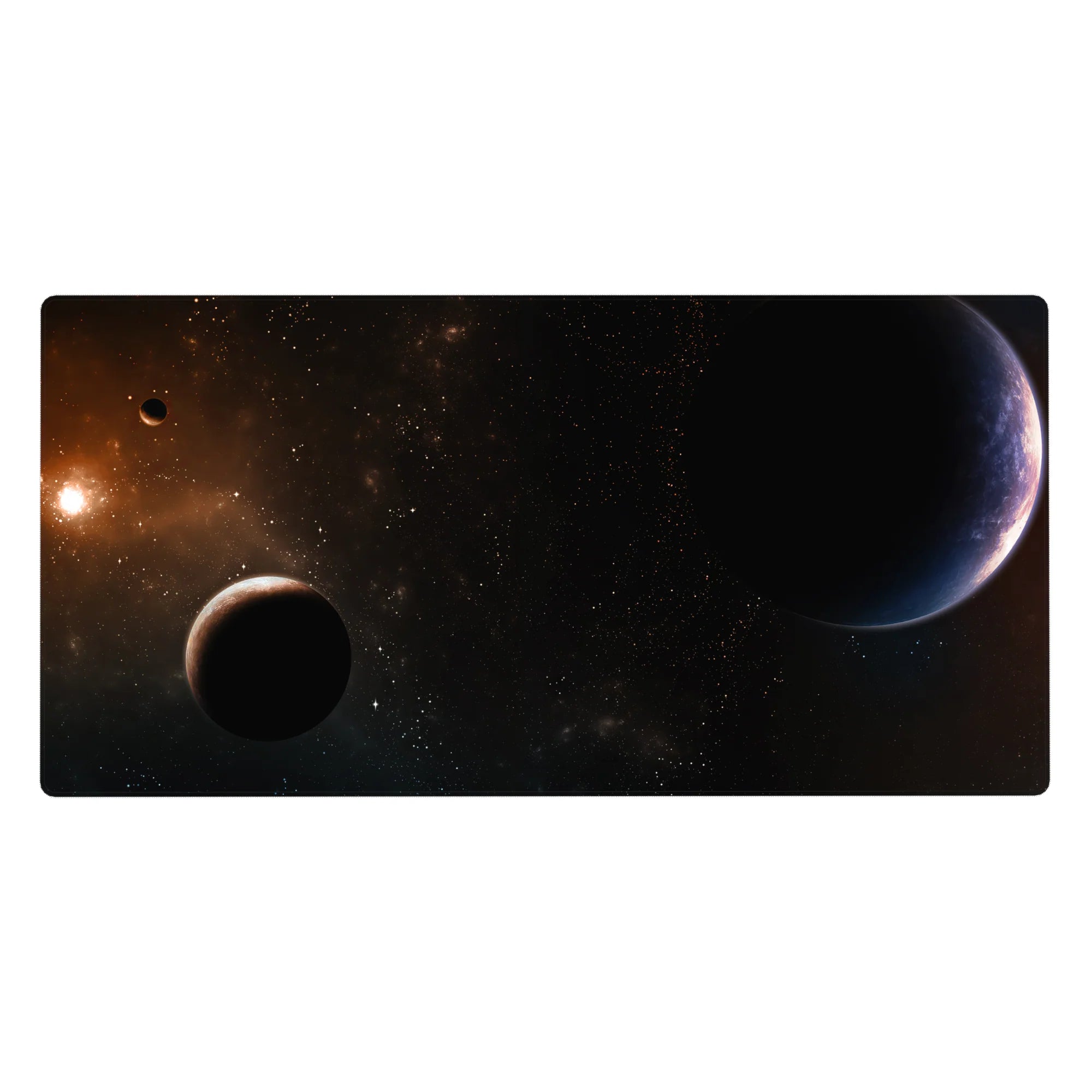 Space nebula desk pad 40x20 inches with deep blue planet edge glow and shadowy orbs.