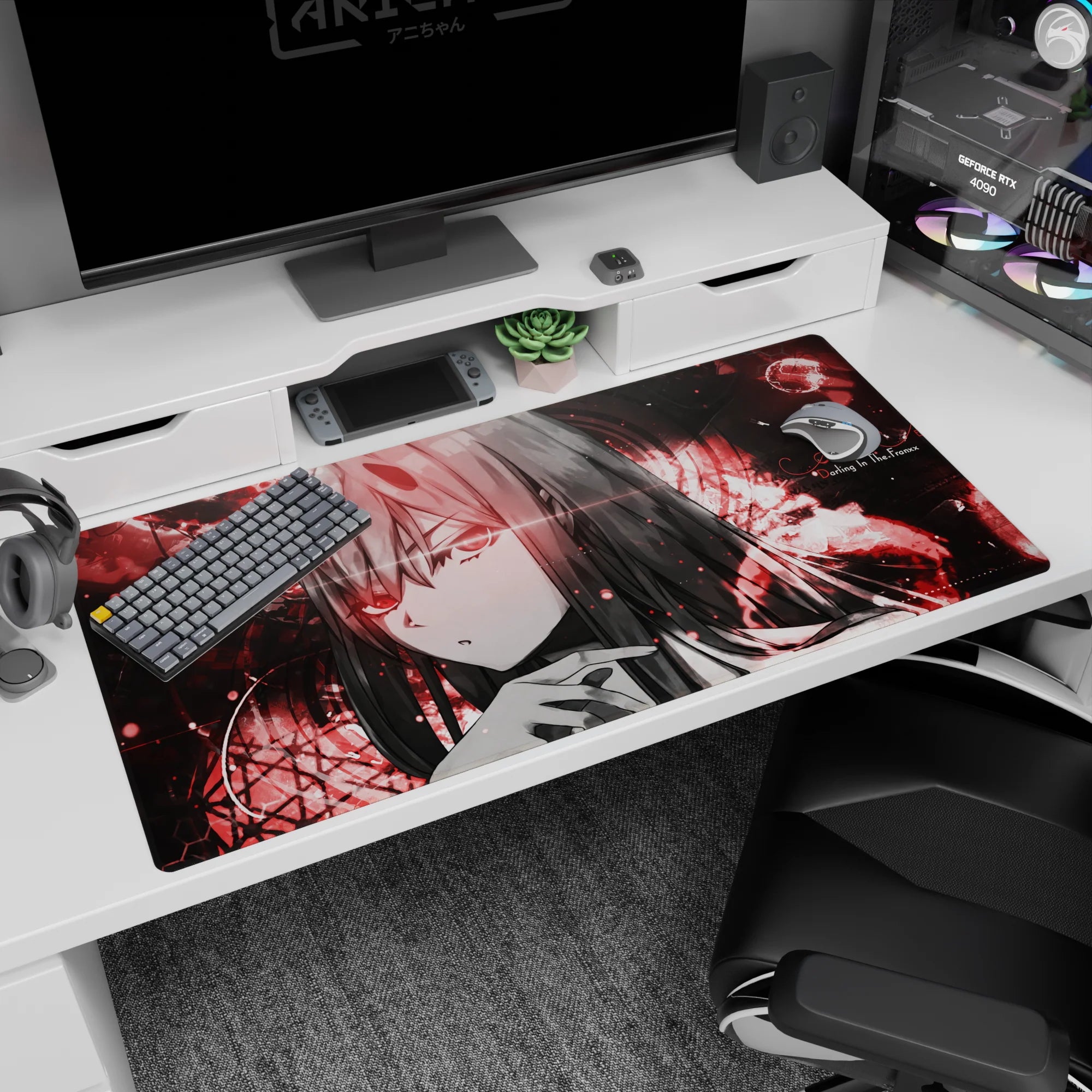 Anime-inspired design on 40x20 mouse pad perfect for adding edgy, cyberpunk flair and dramatic intensity to your setup or decor