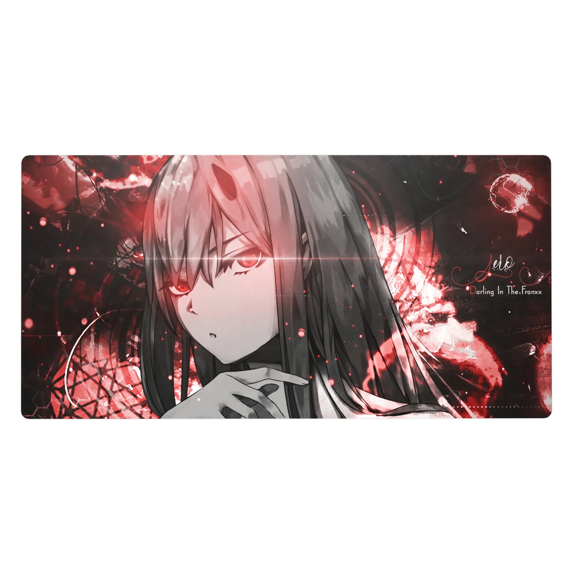 Cyber Crimson Glitch Mouse Pad 40x20 featuring a monochrome-meets-crimson aesthetic, piercing red eyes, and glitching textures for a bold anime-inspired look