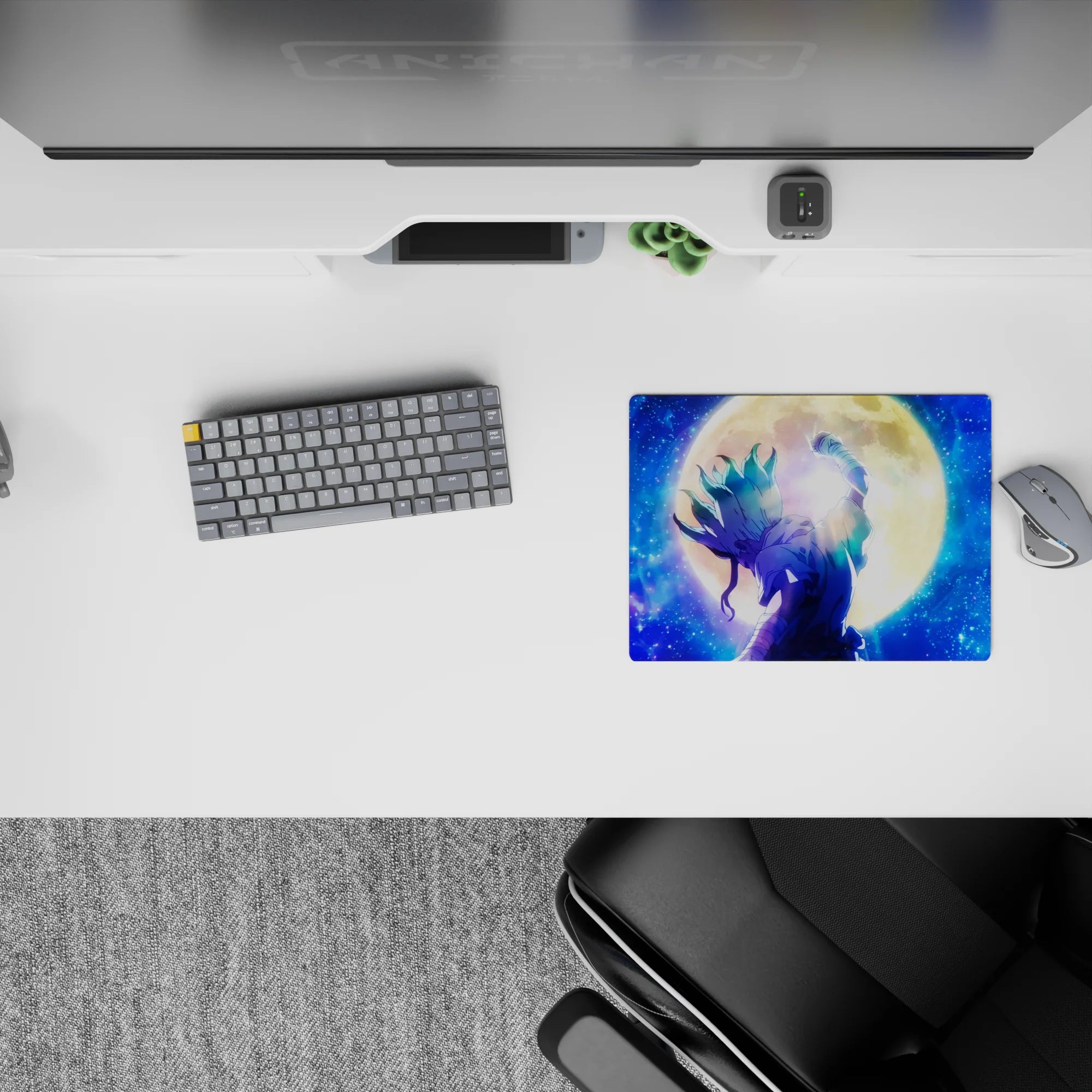 Sapphire-and-teal anime mouse pad 14x10 inches, calm cosmic vibe with golden moon and scattered stars.