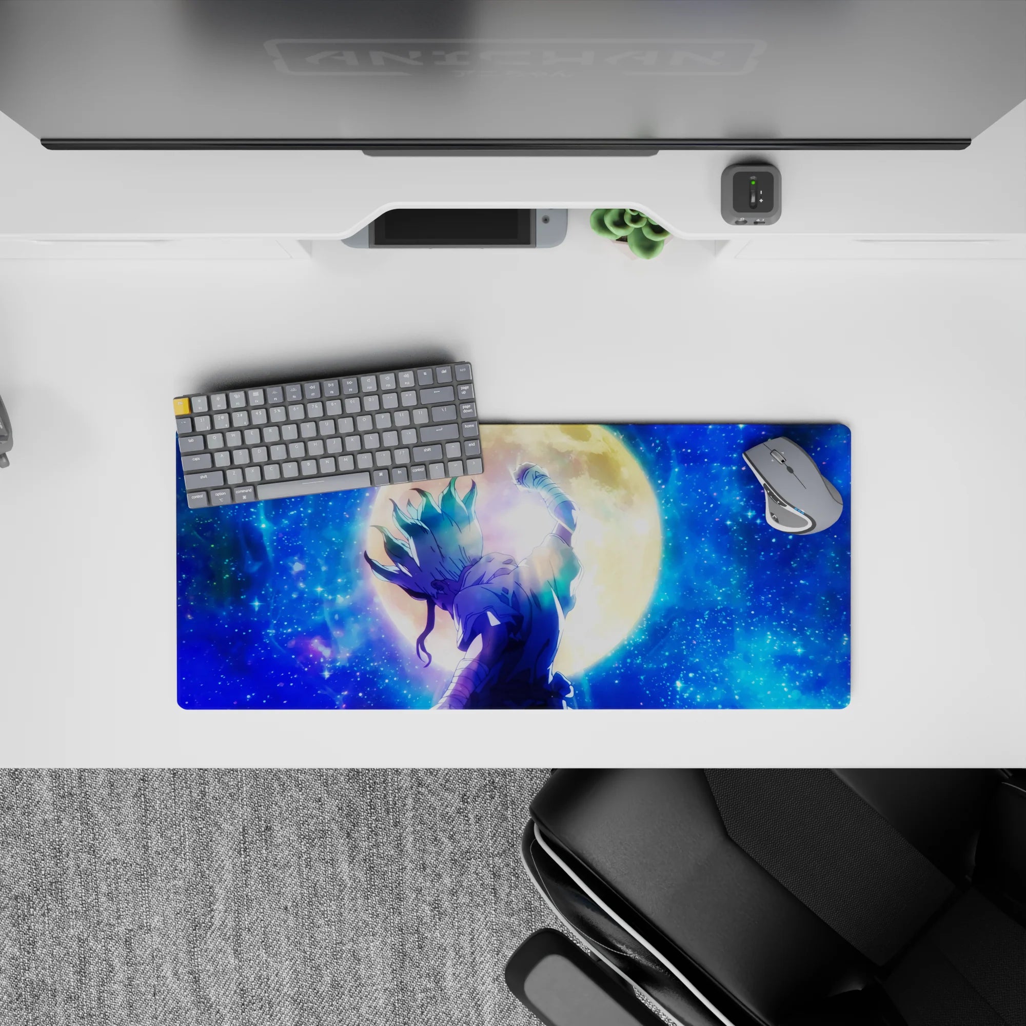 28x12 inches anime mouse pad in deep sapphire and gold tones, calm cosmic vibe with scattered stars.