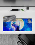 28x12 inches anime mouse pad in deep sapphire and gold tones, calm cosmic vibe with scattered stars.