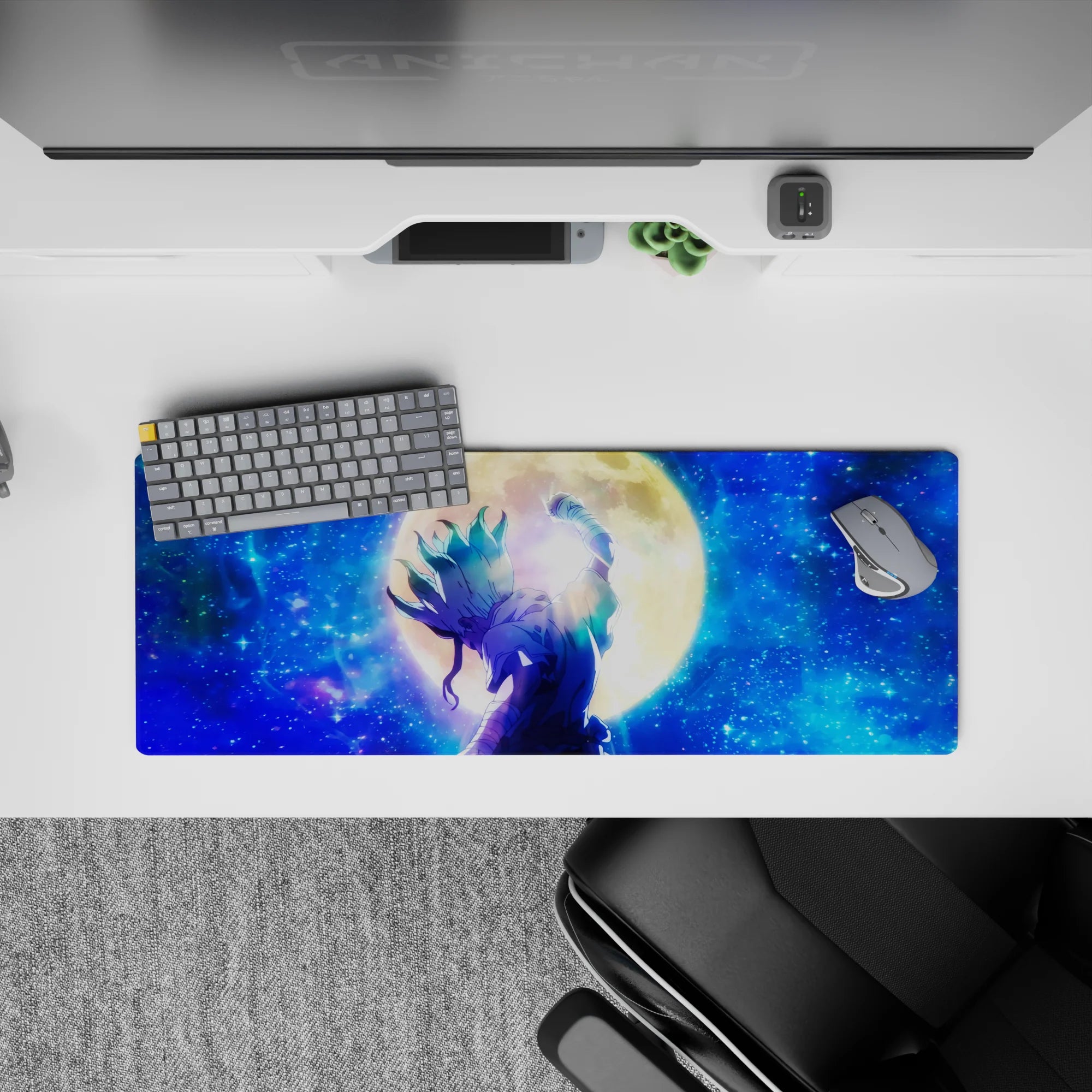 32x12 inches anime mouse pad in deep sapphire and teal tones, calm cosmic vibe with smooth tracking.