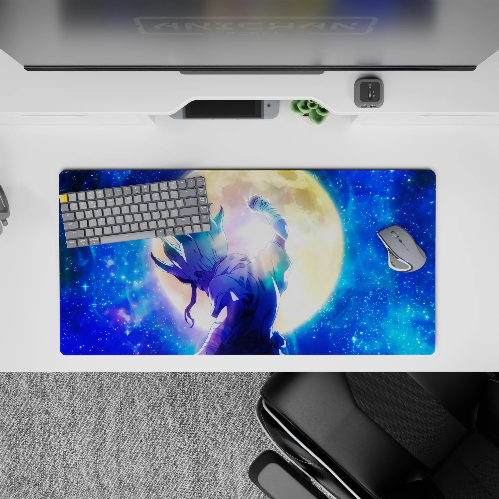 32x16 inches anime mouse pad in deep sapphire and gold tones, calm cosmic vibe with scattered stars.