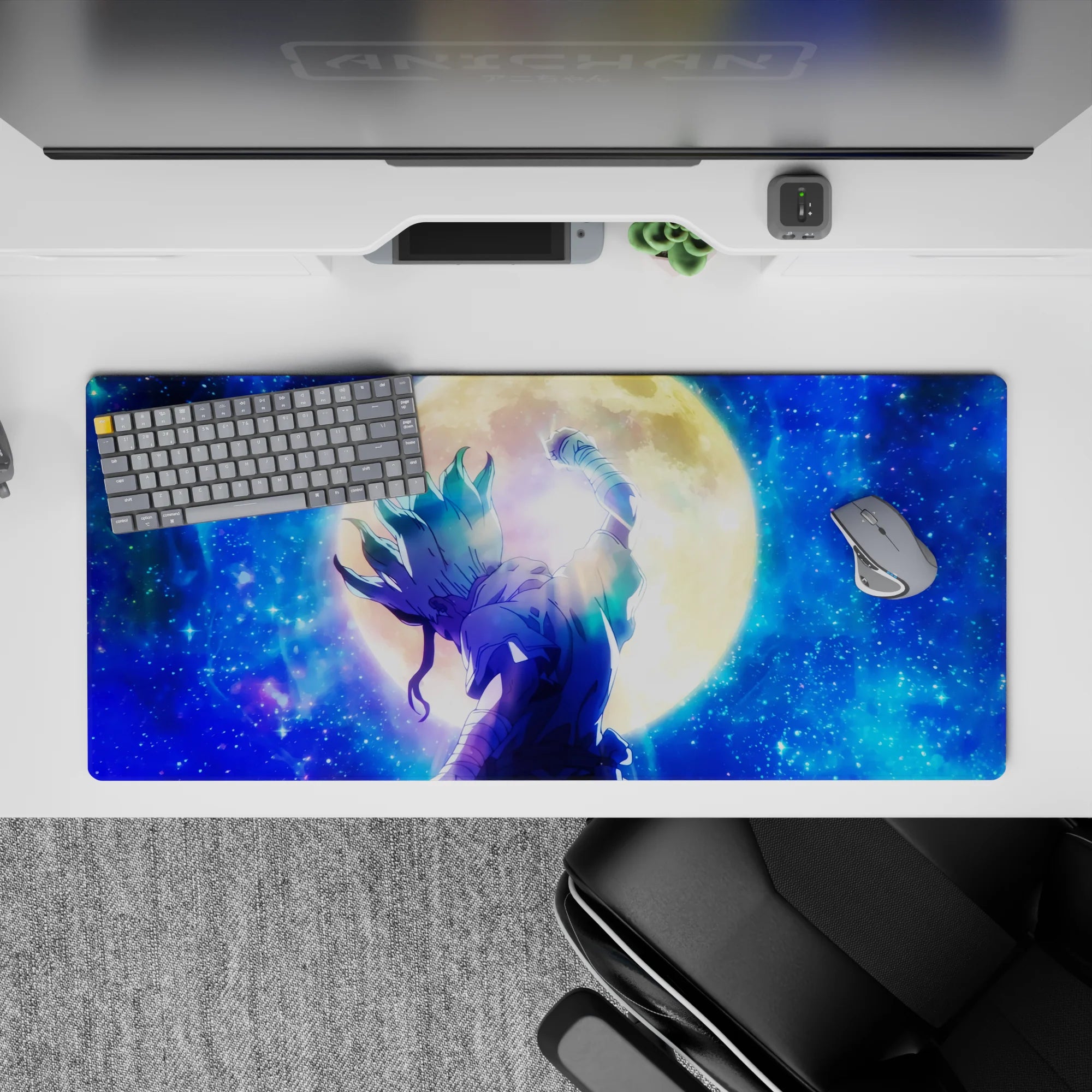 36x16 inches anime desk pad in deep sapphire and teal with calm cosmic vibe and smooth mouse tracking.