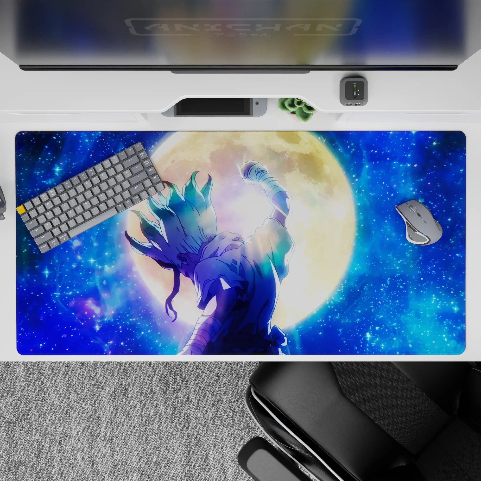 40x20 inches anime desk pad in deep sapphire and teal tones, calm cosmic vibe with scattered stars.