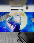 40x20 inches anime desk pad in deep sapphire and teal tones, calm cosmic vibe with scattered stars.