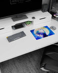 Anime mouse pad 14x10 inches showing bandaged fighter punching the sky, teal flame hair, huge moon.