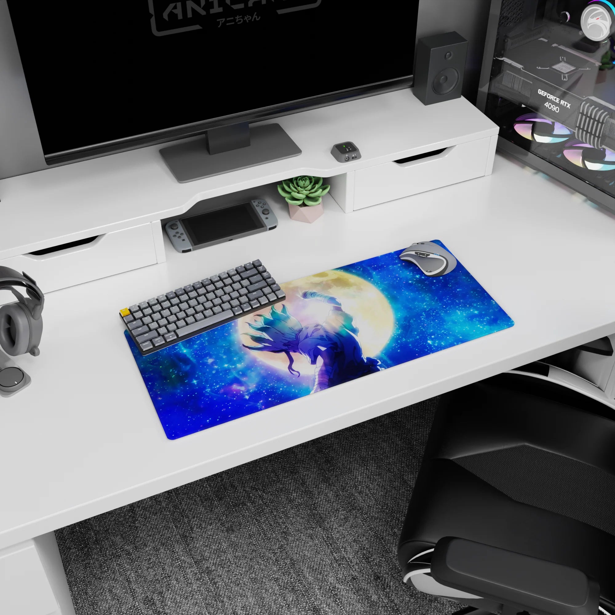 28x12 inches anime mouse pad showing a lone fighter punching skyward, bandaged arms, teal flame hair.