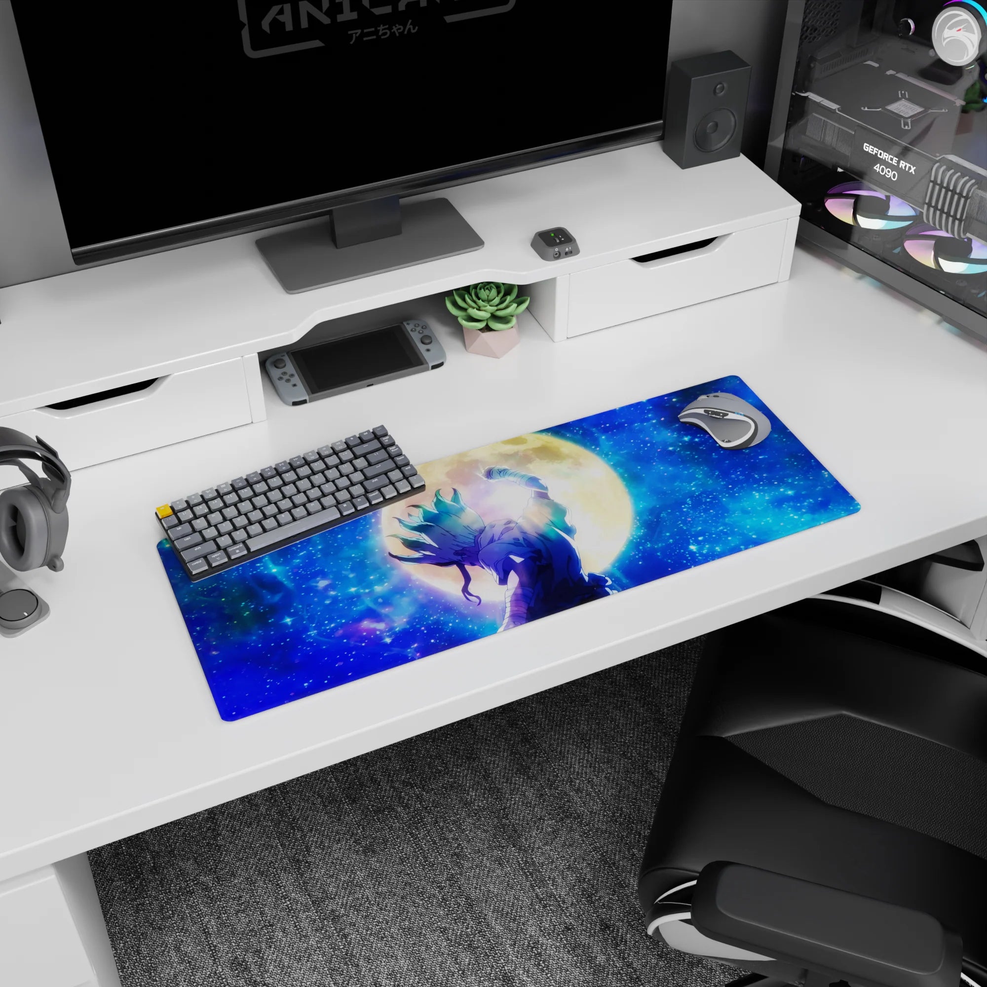 32x12 inches anime mouse pad showing a warrior punching the sky, teal flame hair, bandaged arms, big moon.