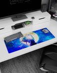 32x12 inches anime mouse pad showing a warrior punching the sky, teal flame hair, bandaged arms, big moon.