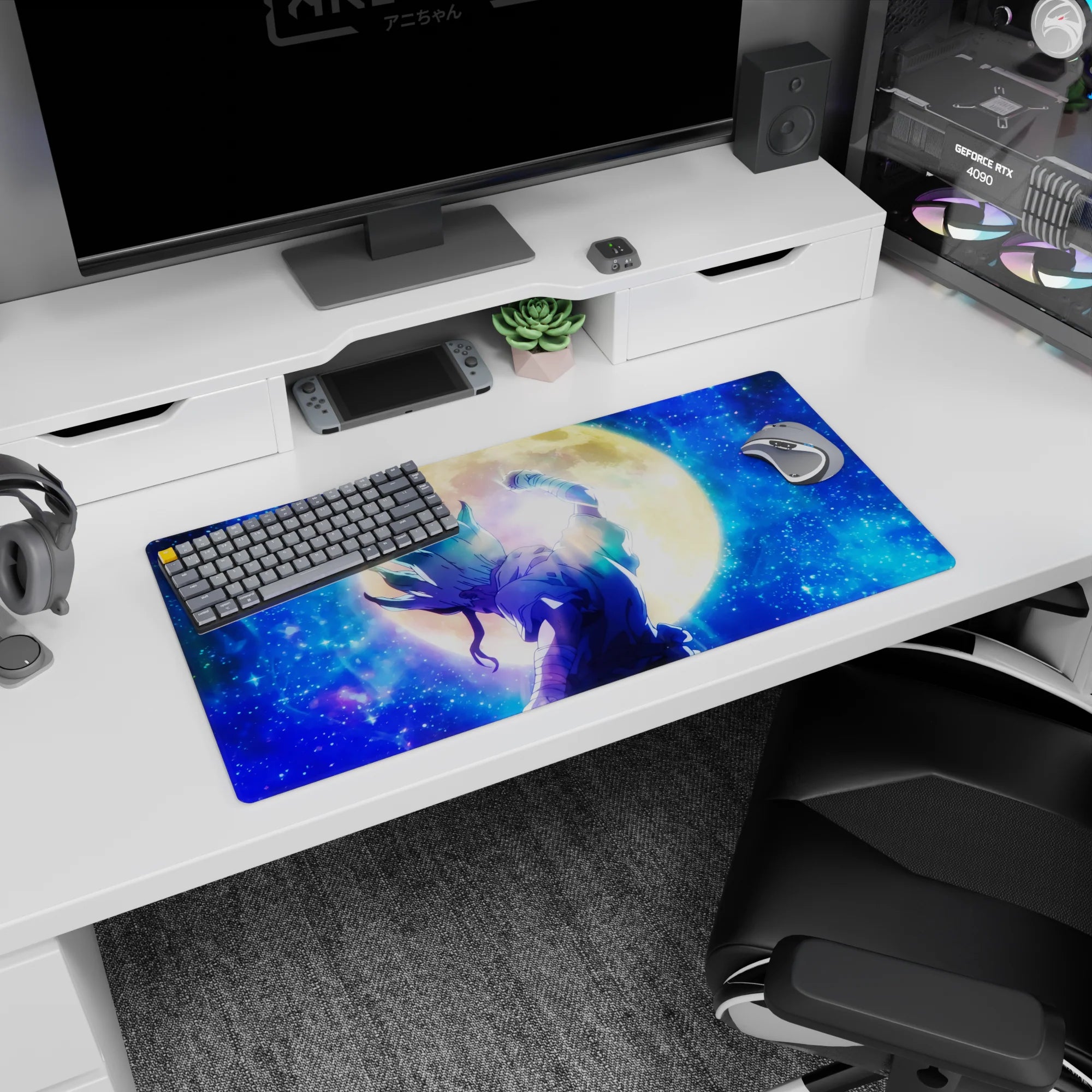 32x16 inches anime mouse pad showing a lone fighter punching skyward, bandaged arms, teal flame hair.
