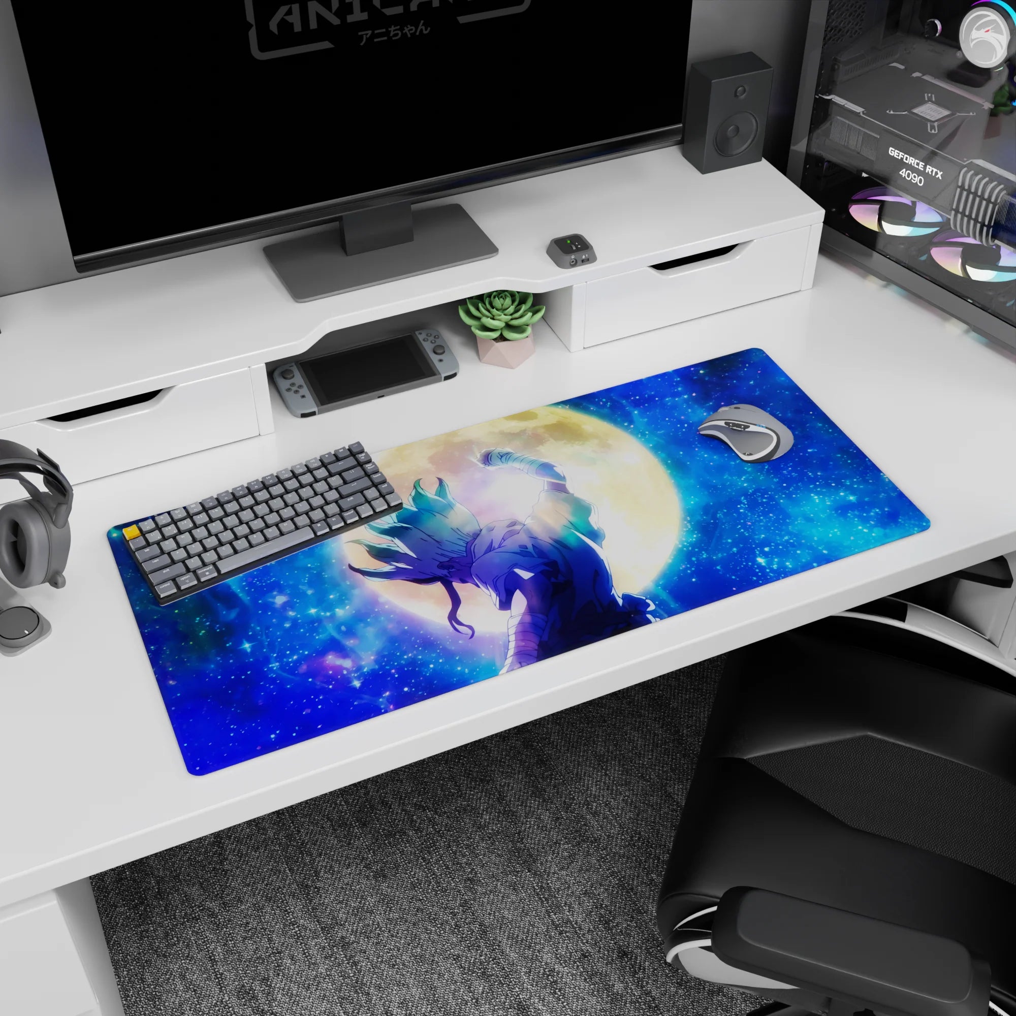 36x16 inches anime desk pad showing lone fighter fist raised, teal flame hair, bandaged arms, moonlit sky.