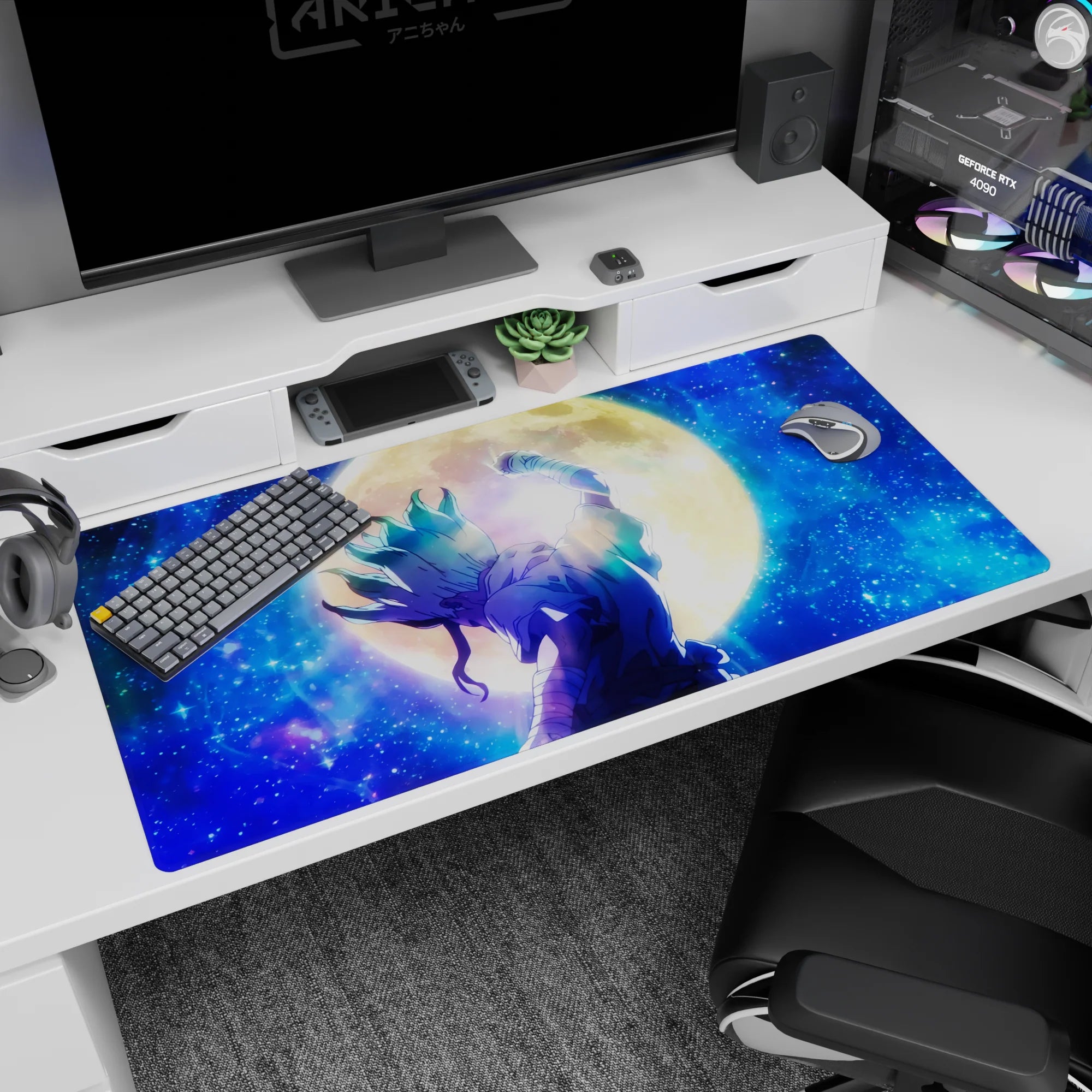 40x20 inches anime desk pad showing a bandaged fighter punching the sky, teal flame hair, golden moon.