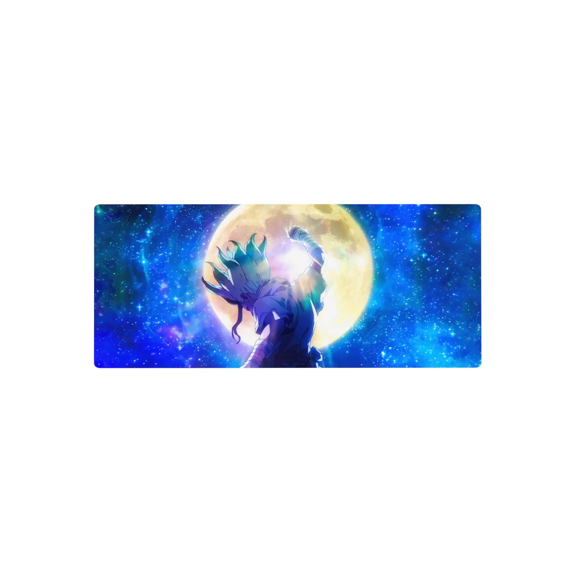 28x12 inches anime mouse pad with warrior under a giant golden moon, teal hair, starry galaxy backdrop.