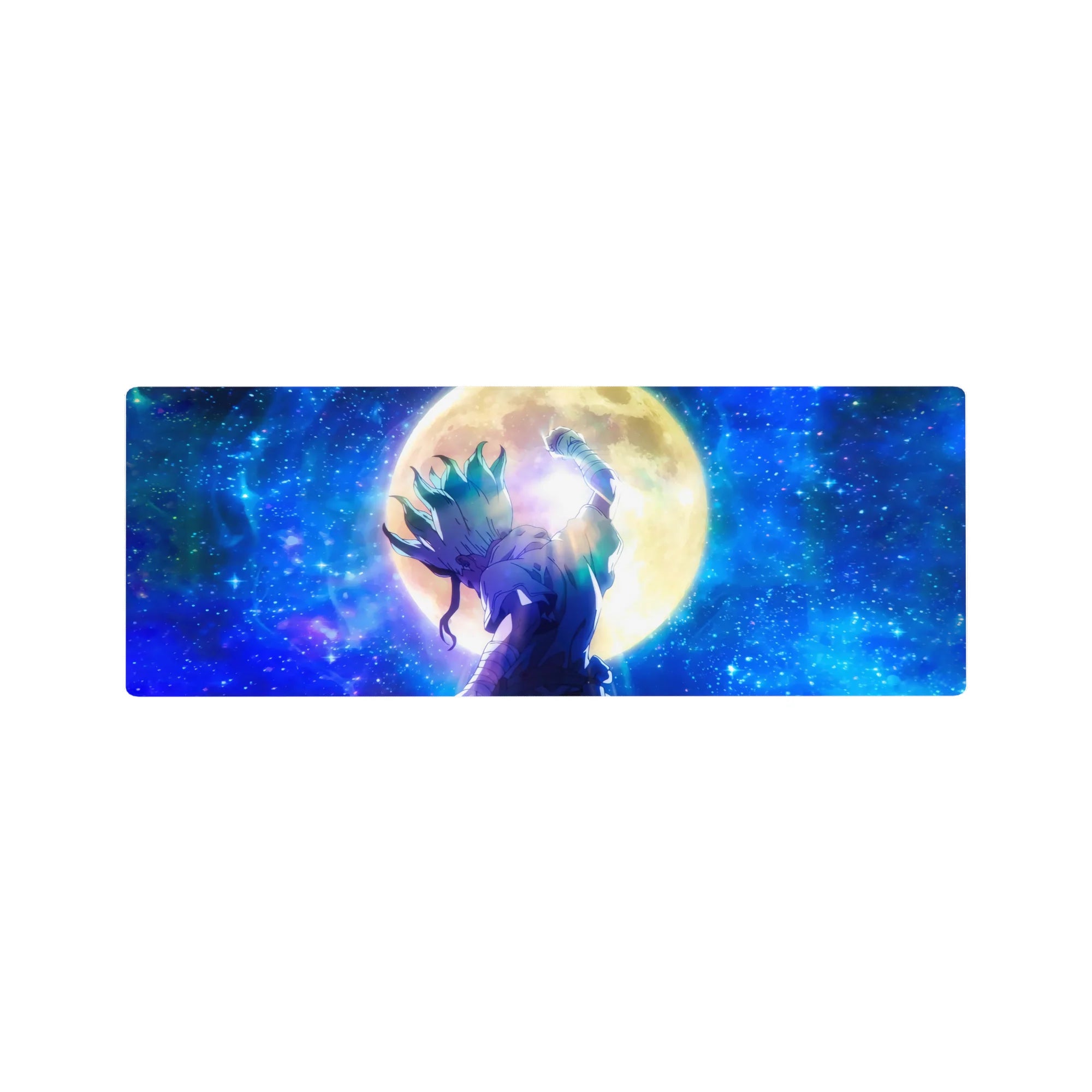 32x12 inches anime mouse pad with lone warrior under a golden moon and starry galaxy backdrop.