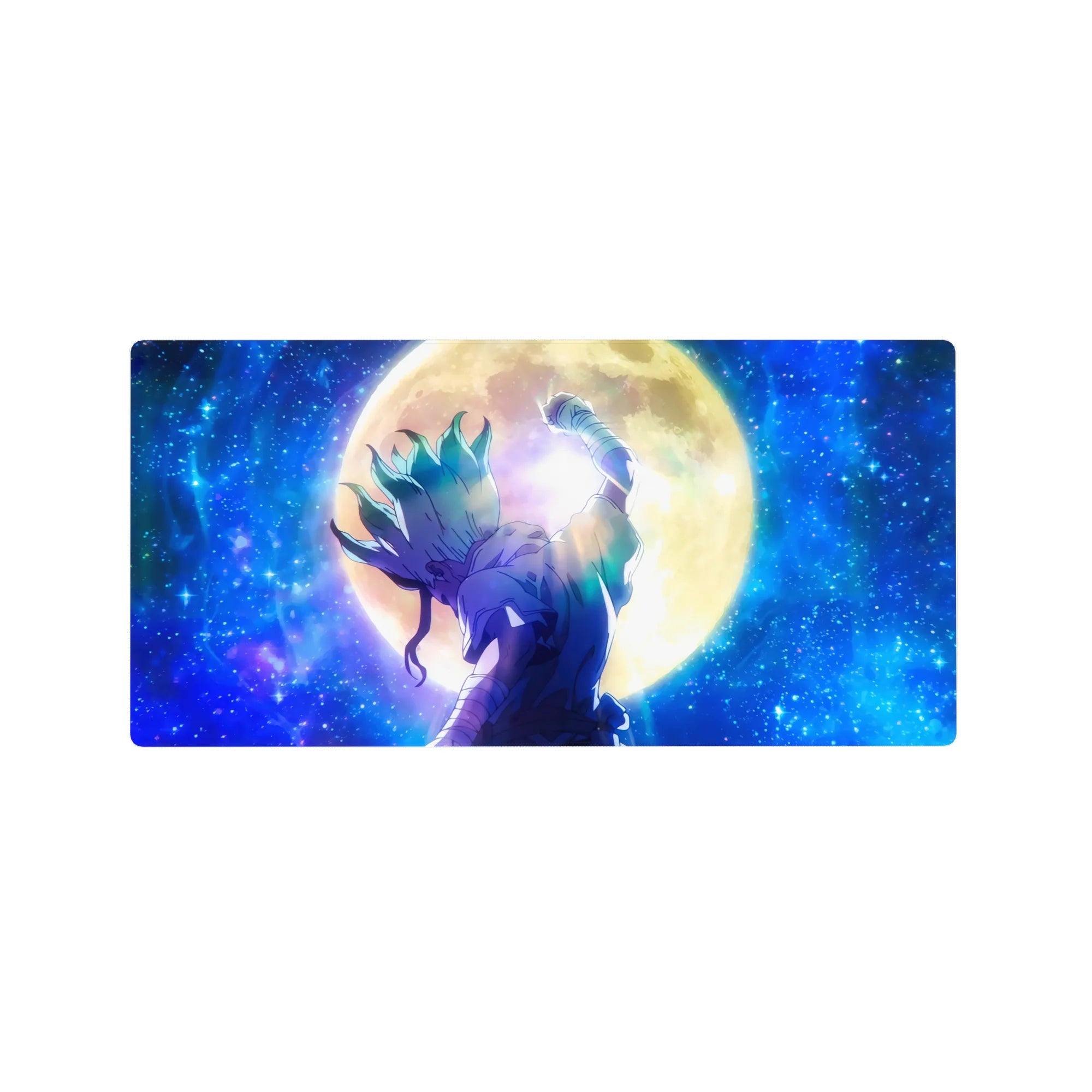 32x16 inches anime mouse pad with warrior under a golden moon, teal hair, starry galaxy backdrop.